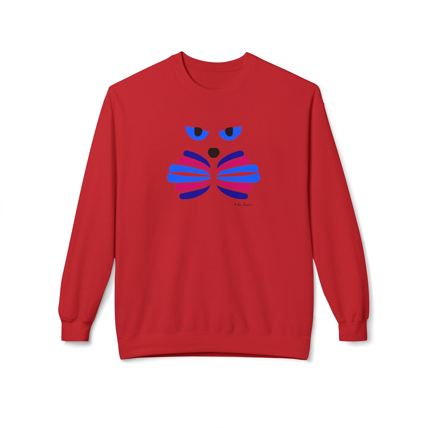 The Cat Face Crewneck Sweatshirt: Abstract Red & Blue Kitty by Printify features a cozy cotton blend and bold red crewneck, accented with an abstract blue and purple cat face graphic on the chest.