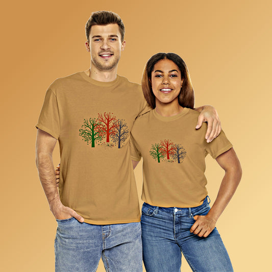 A man and a woman modeling the Old Gold t-shirt