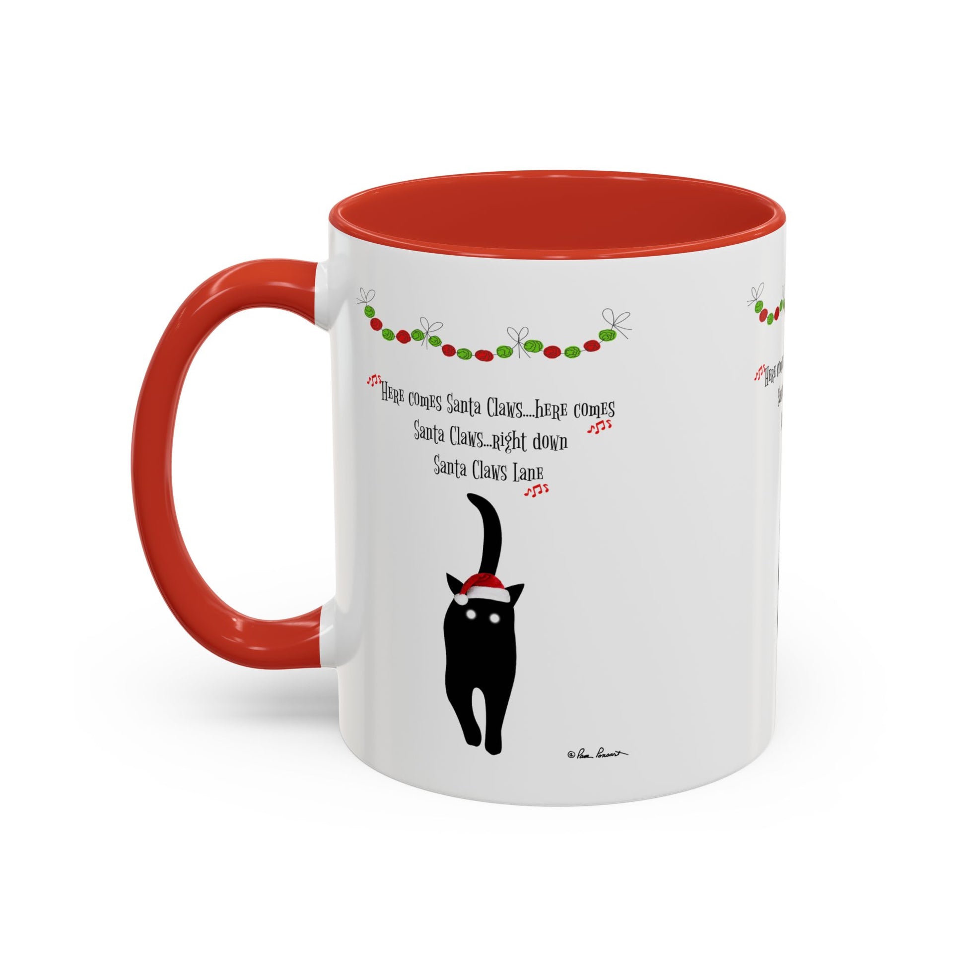 Celebrate the season with the Festive-Cat Accent Coffee Mug by Printify! This white mug with red accents features a black cat in a Santa hat, festive garland, and "Here comes Santa Claus"—the ideal holiday gift for cat lovers.