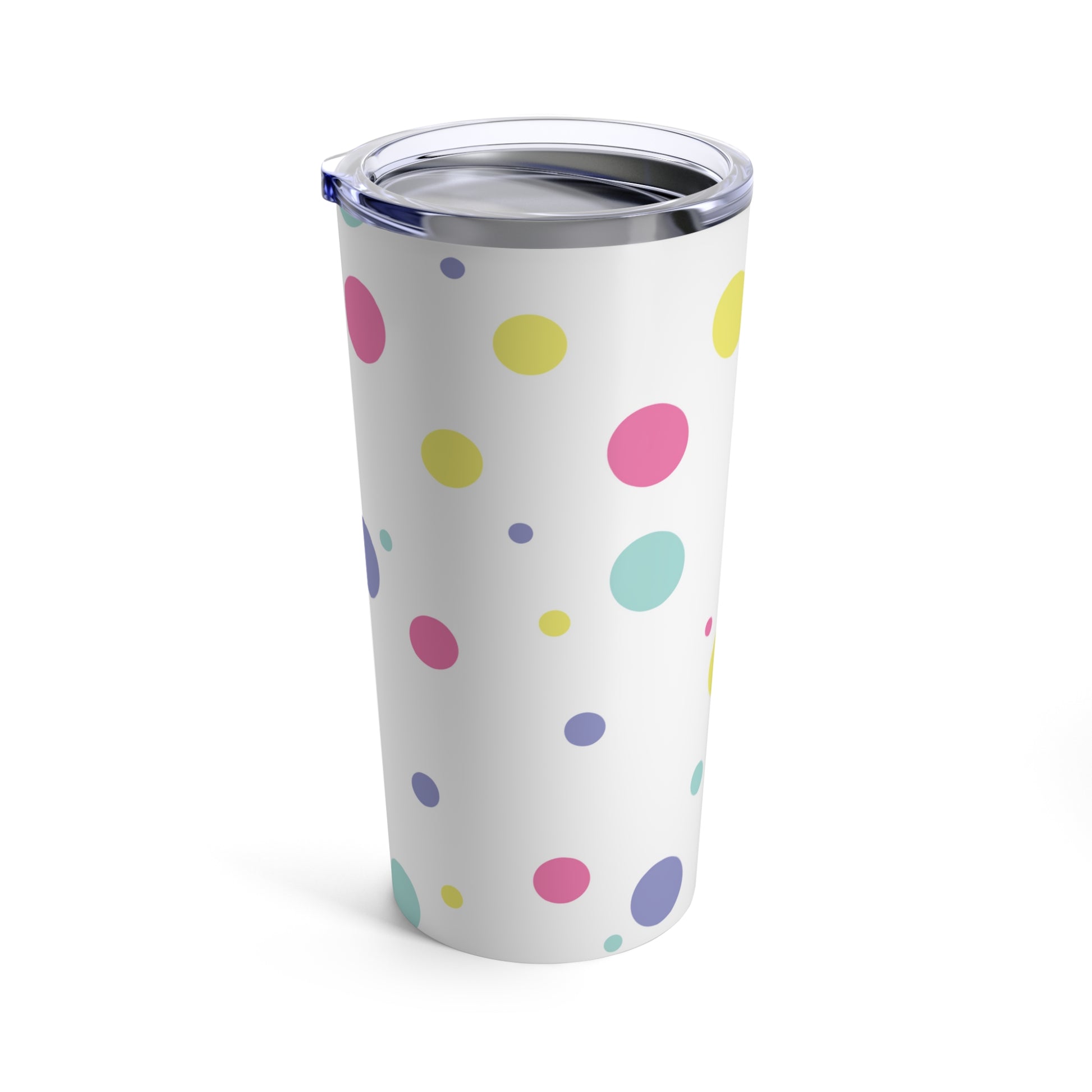 Sentence with replaced product: A colorful Printify confetti dots tumbler with a lid.