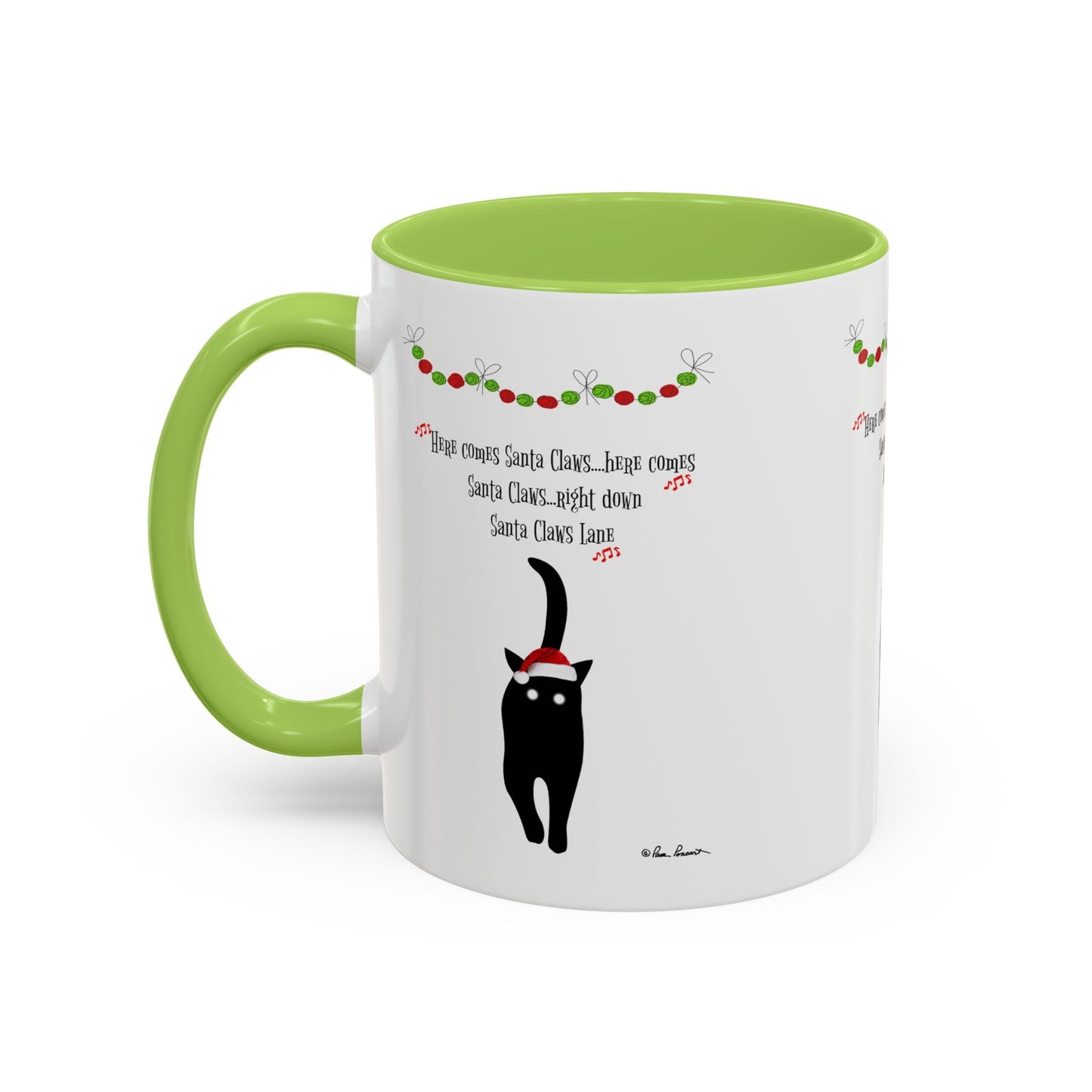 The Festive-Cat Accent Coffee Mug by Printify features a black cat in a Santa hat with garland and “Here comes Santa Claus...right down Santa Claus Lane.” Perfect holiday gift for cat lovers.