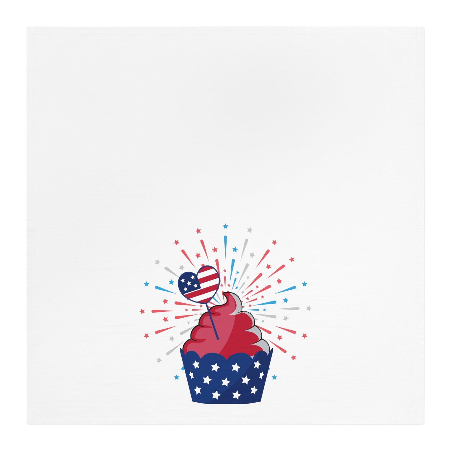 A festive touch to your kitchen, this Printify Decorative Kitchen Towel: Large 28" x 28"; Cotton; Patriotic cupcake-themed decorative kitchen towel features a heart and fireworks design.