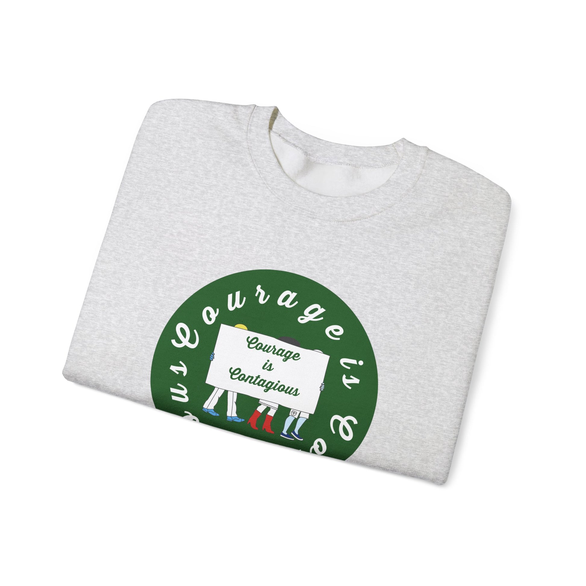 The Printify Unisex Crewneck Sweatshirt: Courage is Contagious | Protest features a green circular graphic of people with a "Courage is Contagious" sign—an inspiring, light gray staple for any wardrobe.