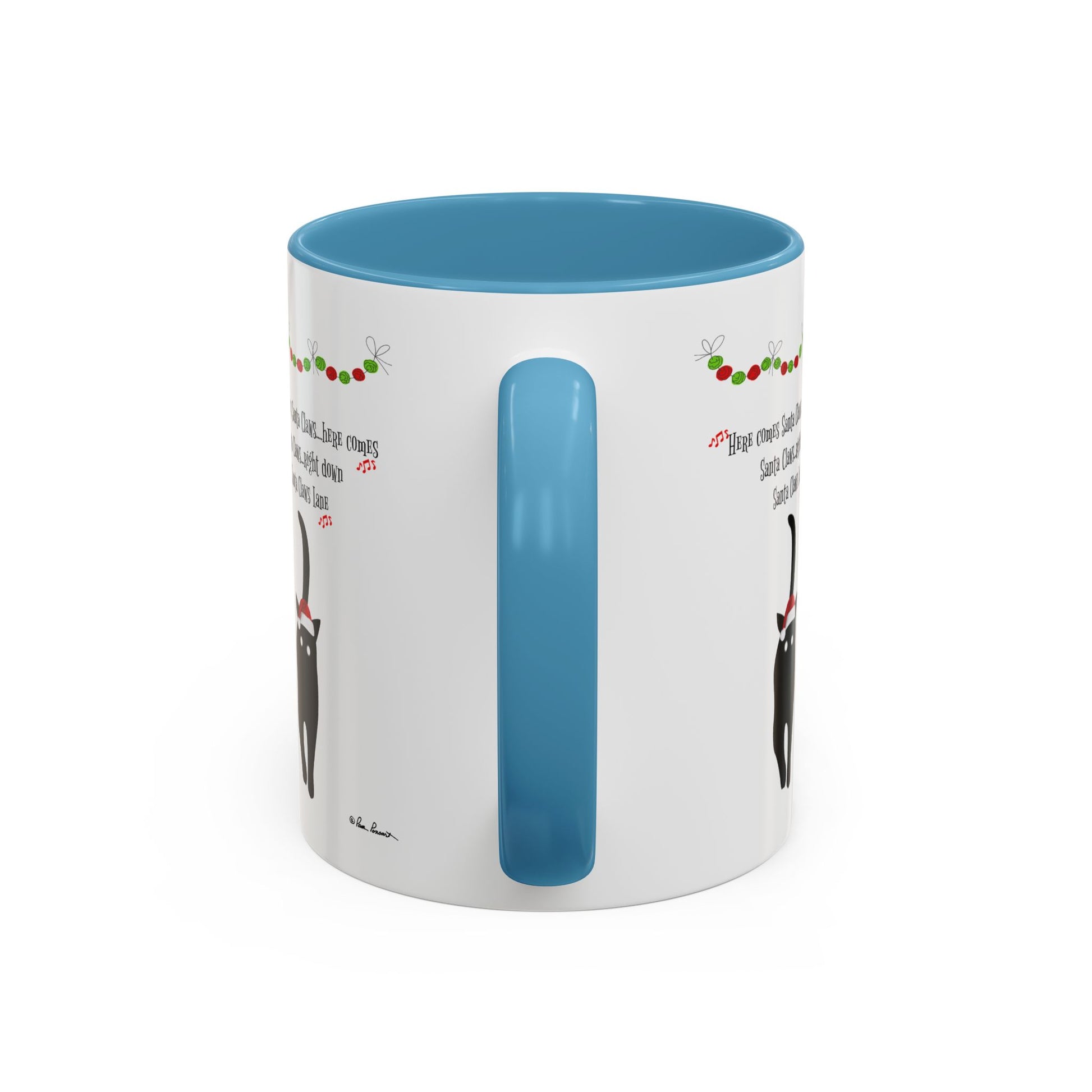 The Printify Festive-Cat Accent Coffee Mug features a holiday cat design with a blue handle and interior—an ideal holiday gift for cat lovers or a festive addition to your coffee mug collection.