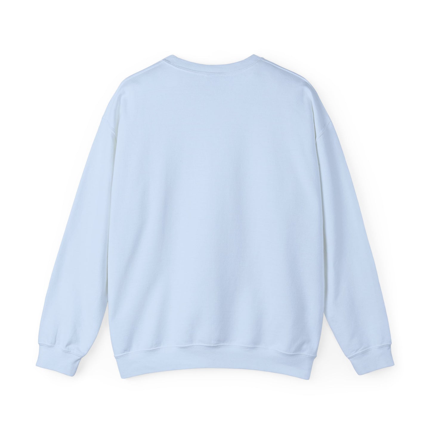 The Santa Cat Sweatshirt by Printify is a light blue unisex crewneck with festive graphic, shown from the back laid flat to display its long sleeves and ribbed cuffs and hem.