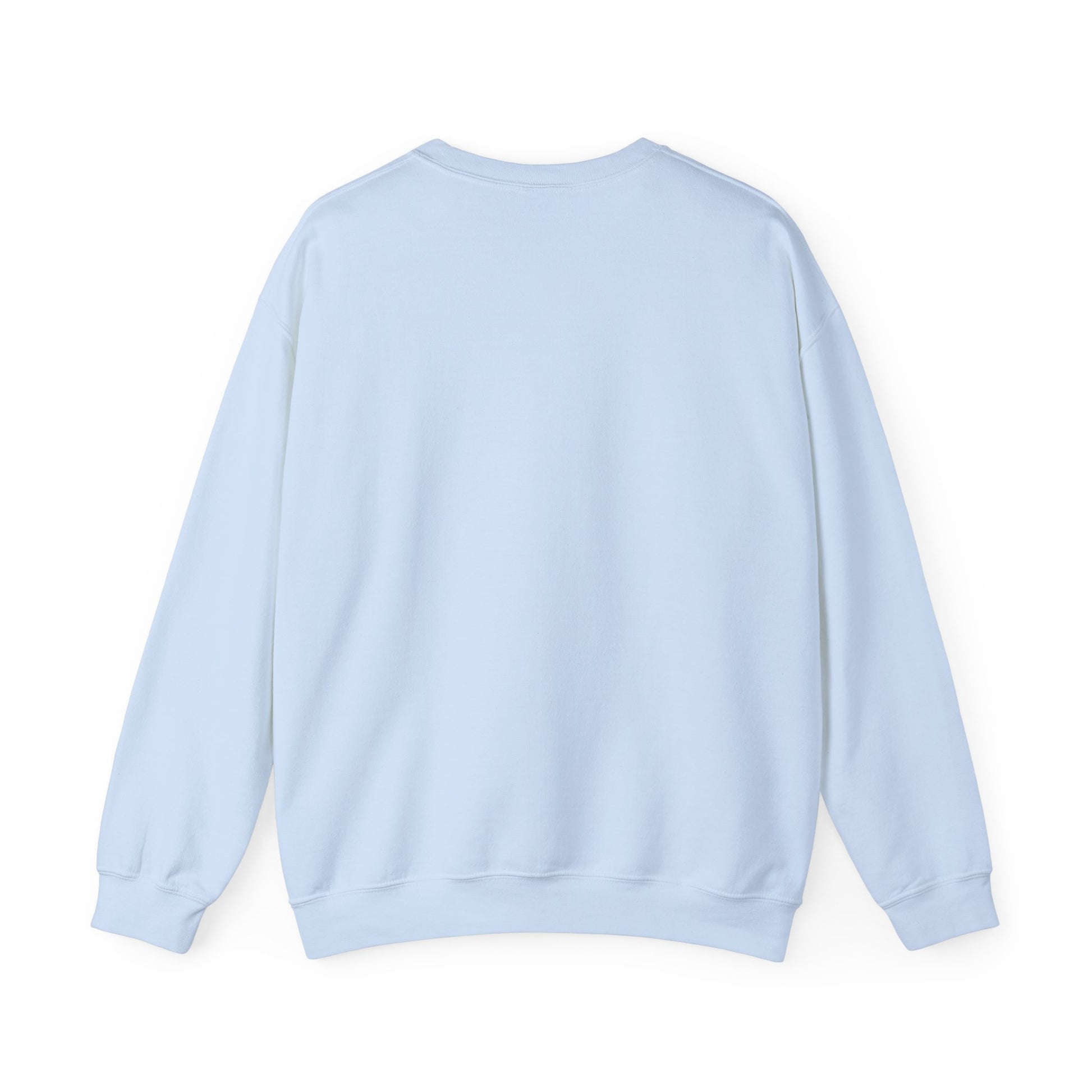 The Santa Cat Sweatshirt by Printify is a light blue unisex crewneck with festive graphic, shown from the back laid flat to display its long sleeves and ribbed cuffs and hem.