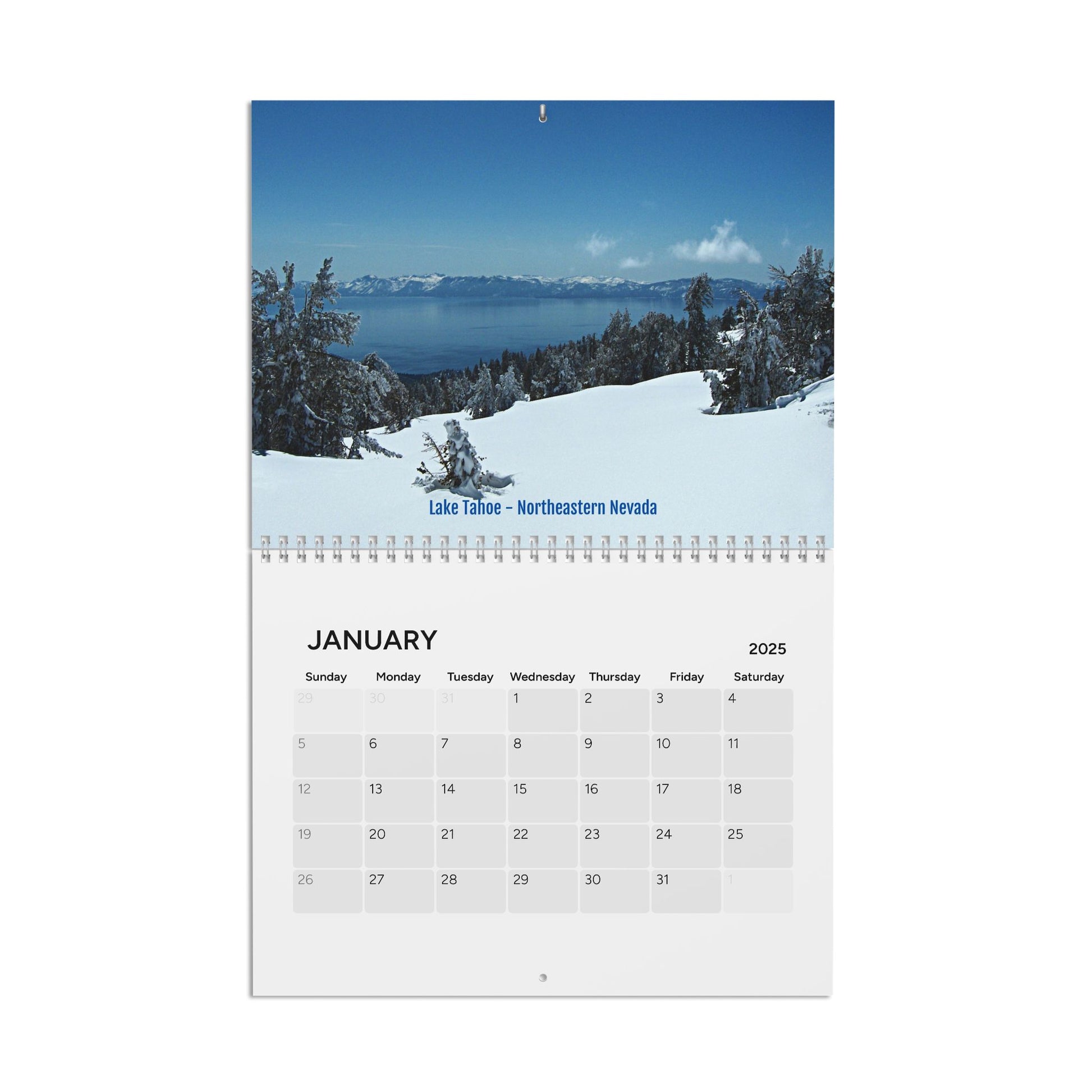 Enjoy vibrant imagery on this January 2025 page from Printify's "Scenic Wall Calendar: Photographic" featuring a snowy Lake Tahoe landscape, capturing Northeastern Nevada’s snow-covered trees and majestic mountains to inspire your organizational skills.