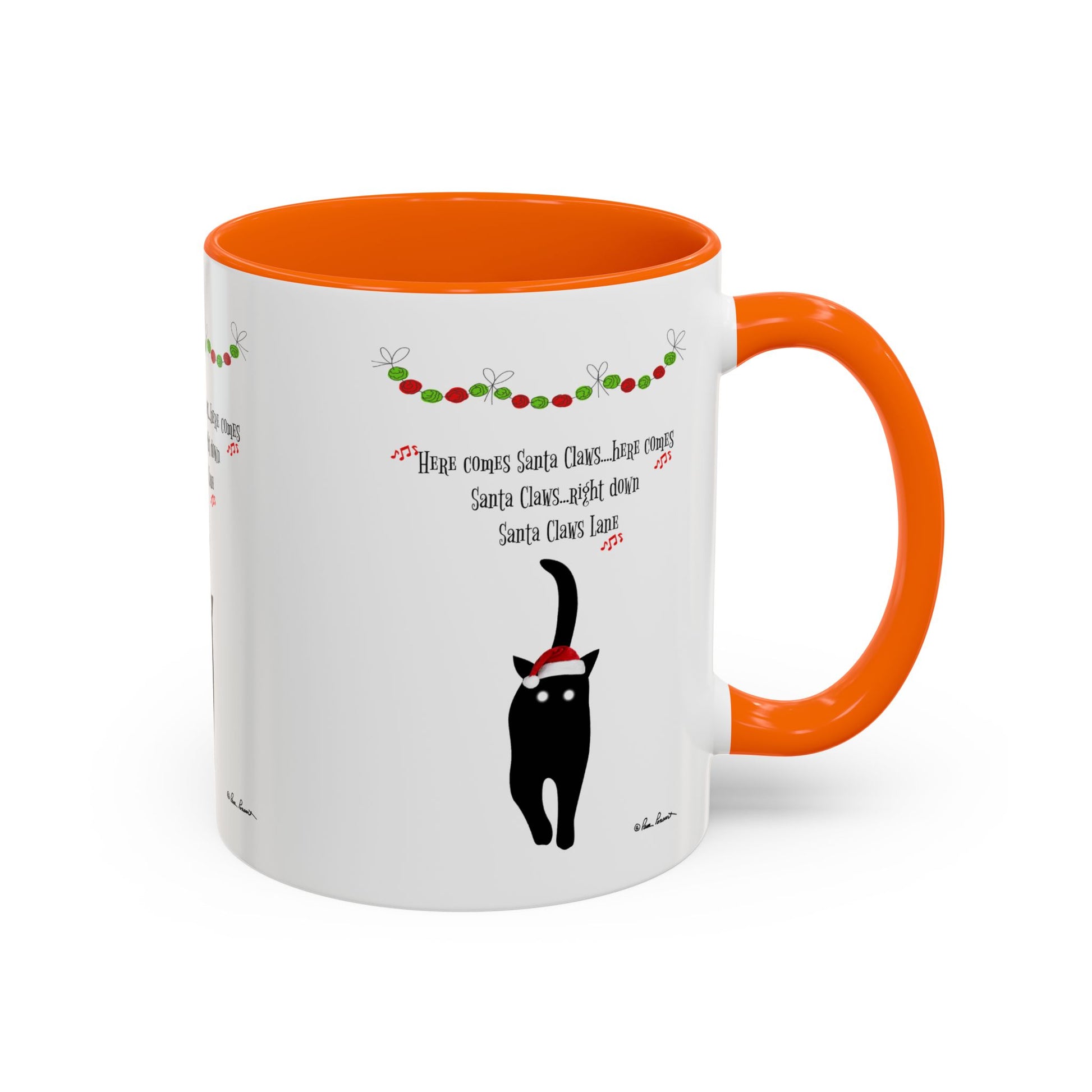 The Festive-Cat Accent Coffee Mug by Printify features a black cat in a Santa hat with holiday garland and "Here Comes Santa Claus" lyrics—an ideal holiday gift for cat lovers and the perfect festive coffee mug.