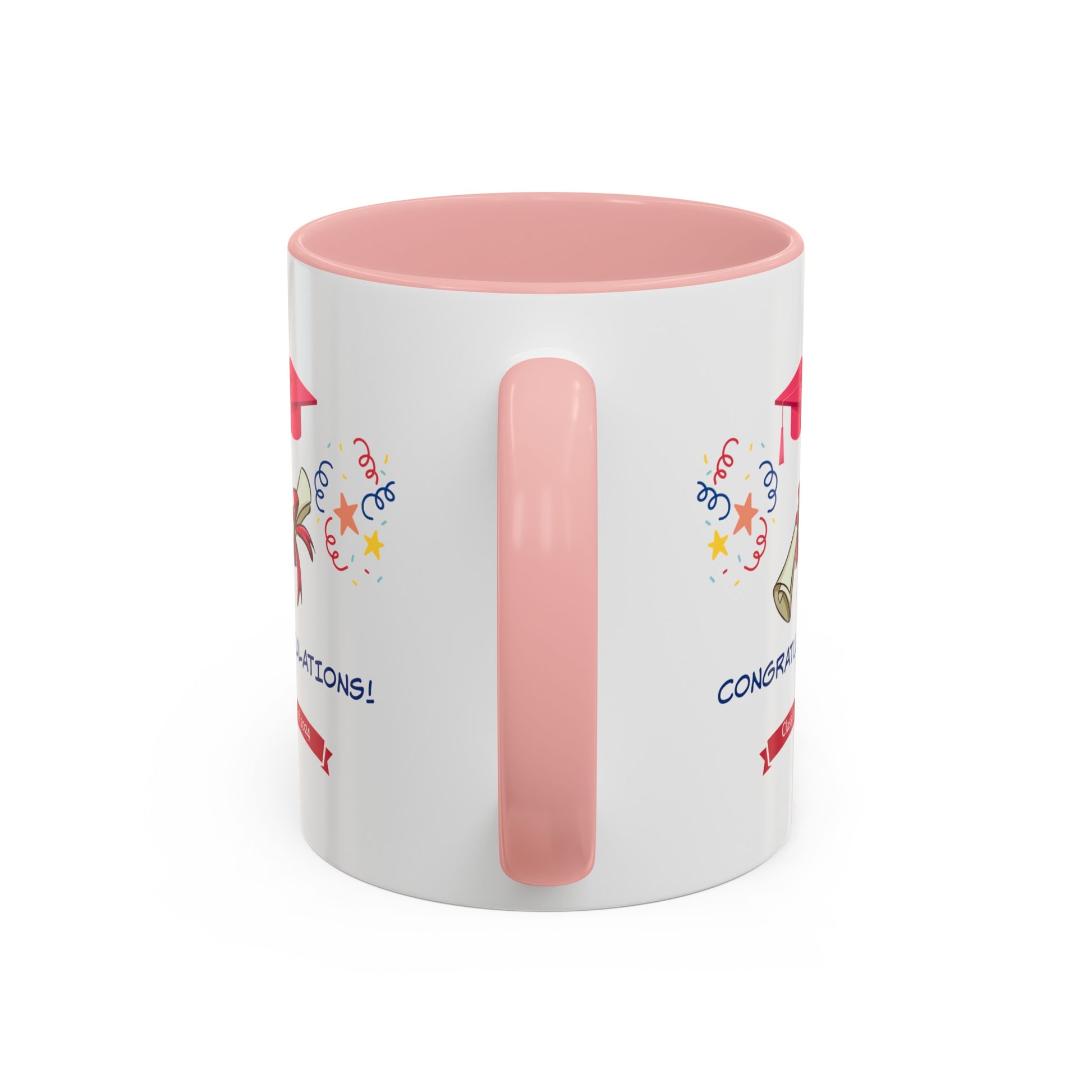 A 2024 Congratulations Mug: Graduation; 11 oz.; 2 Colors with a pink handle and interior features a graduation-themed design with celebratory confetti and the words "2024 Congratulations". This custom American made Printify mug is perfect for celebrating academic achievements.