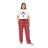 A woman in a Printify Women's Short-Sleeve Pajama-Set: 2-pc.; 4 sizes; Red plaid and white shirt made of 100% cotton.