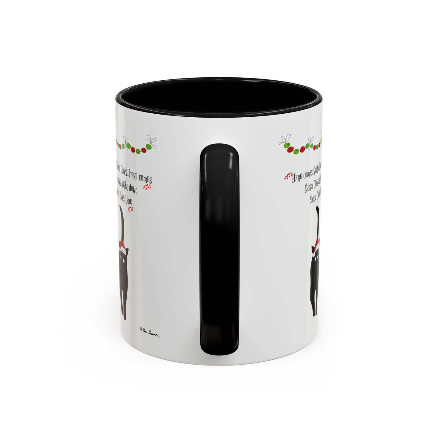 The Printify Festive-Cat Accent Coffee Mug is a white ceramic mug with a black handle and interior, featuring festive cat designs near the handle—an ideal holiday gift for cat lovers.