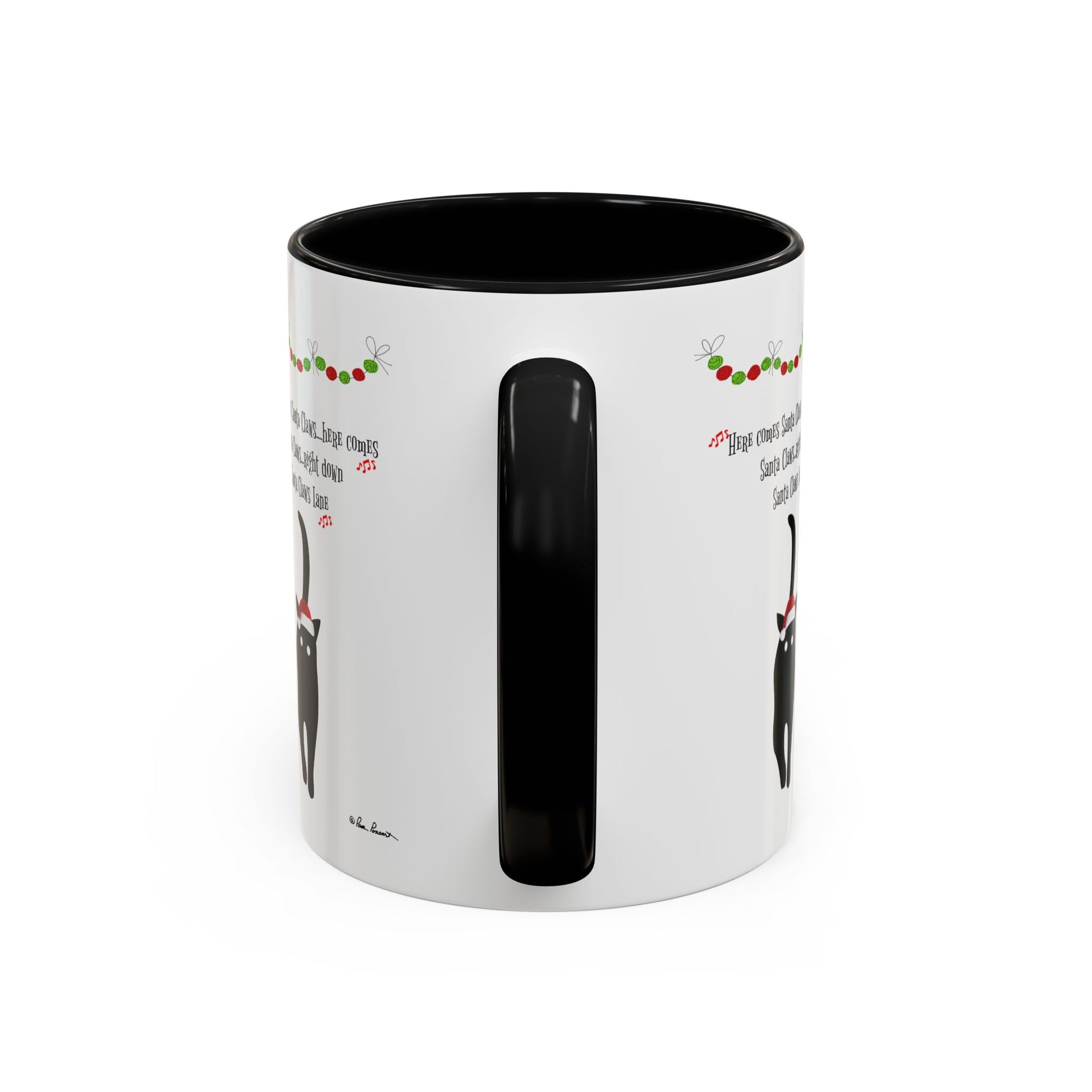 The Printify Festive-Cat Accent Coffee Mug is a white ceramic mug with a black handle and interior, featuring festive cat designs near the handle—an ideal holiday gift for cat lovers.