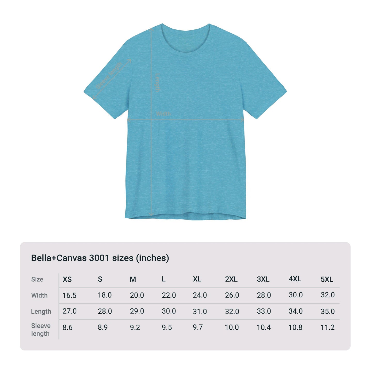 Light blue Unisex Kindness-Is-Cool T-shirt by Printify, made from soft cotton jersey. Features a size chart below for Bella+Canvas, providing dimensions in inches for sizes XS to 5XL including width, length, and sleeve length.