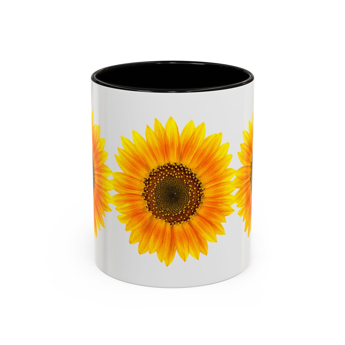 The Printify Sunflower Coffee Mug: Bright Floral | 11oz is a white ceramic cup with a black interior, featuring vivid yellow sunflower art. Stylish, durable, and ORCA coated—perfect for brightening your coffee routine.