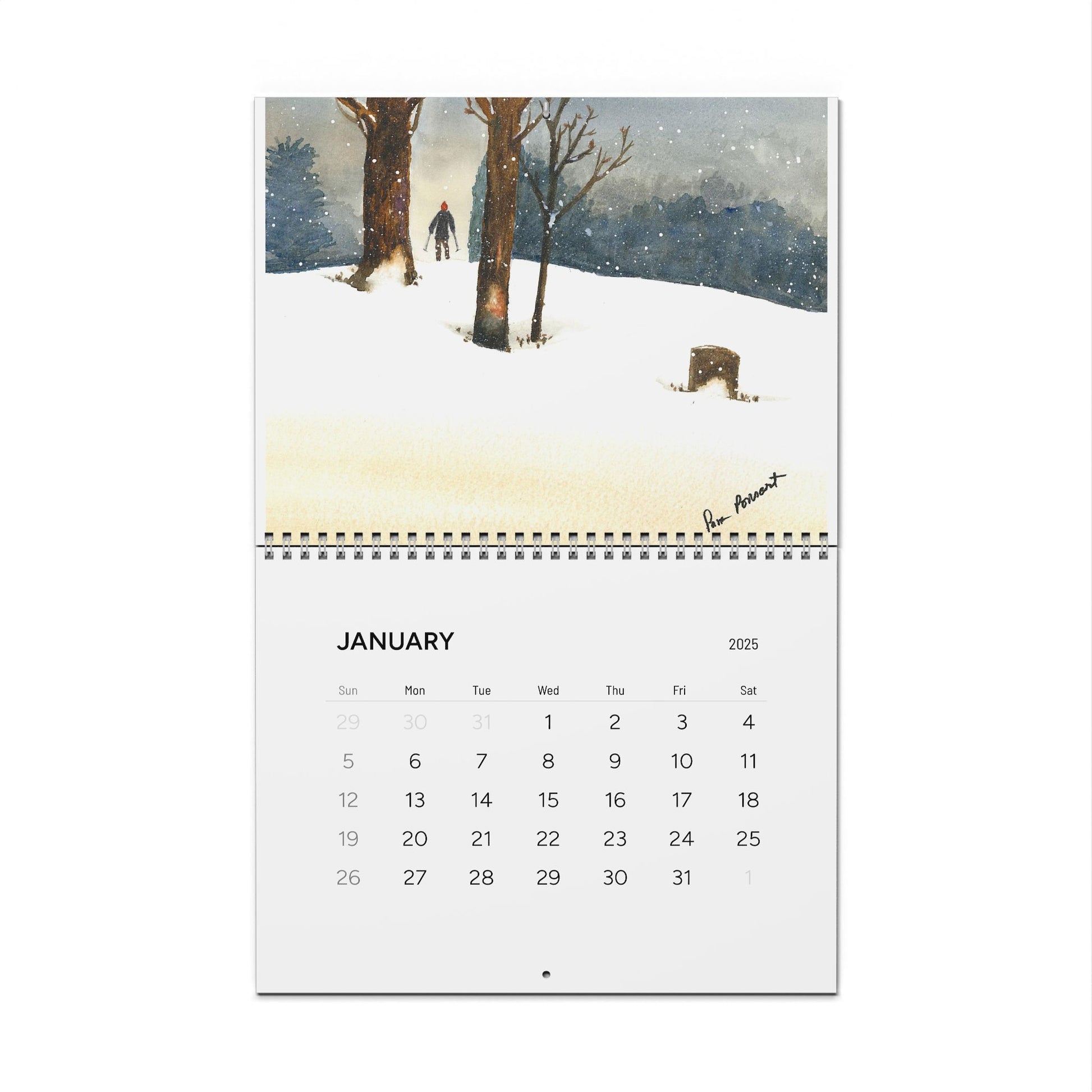 A page from the 2025 Nature-Themed Wall Calendar by Printify, available in two sizes and showcasing watercolor art, features a stunning snow-covered landscape painting by Pam Ponsart. The reproduction depicts a person walking among trees in a peaceful winter setting.