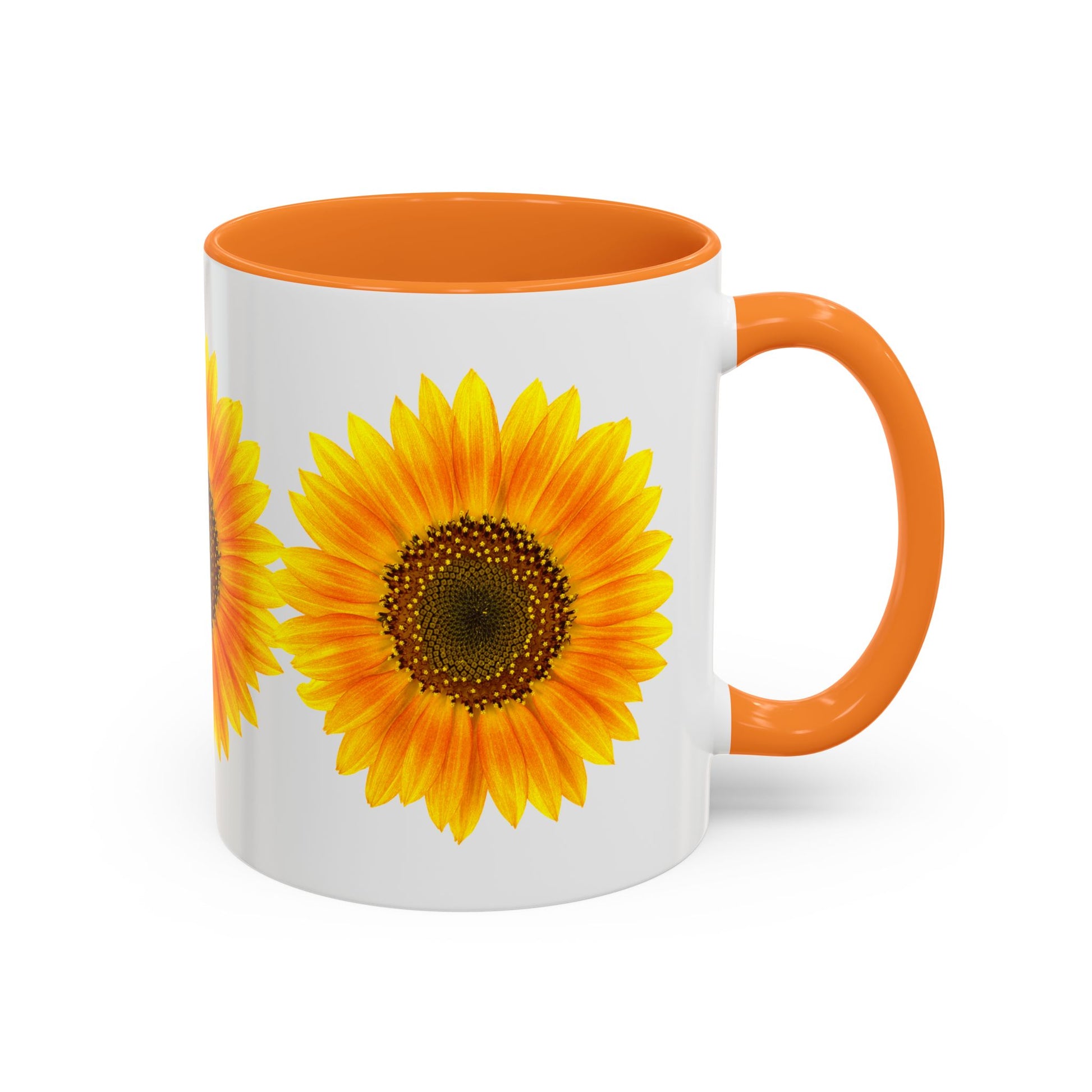 The Sunflower Coffee Mug: Bright Floral by Printify is an 11oz white ceramic cup with an orange handle and interior, featuring a large yellow sunflower. ORCA coating ensures durable, vibrant color.