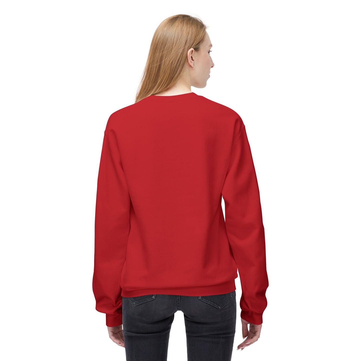 A person with long blonde hair is seen from the back wearing the Printify Cat Face Crewneck Sweatshirt: Abstract Red & Blue Kitty and black jeans, standing against a white background.