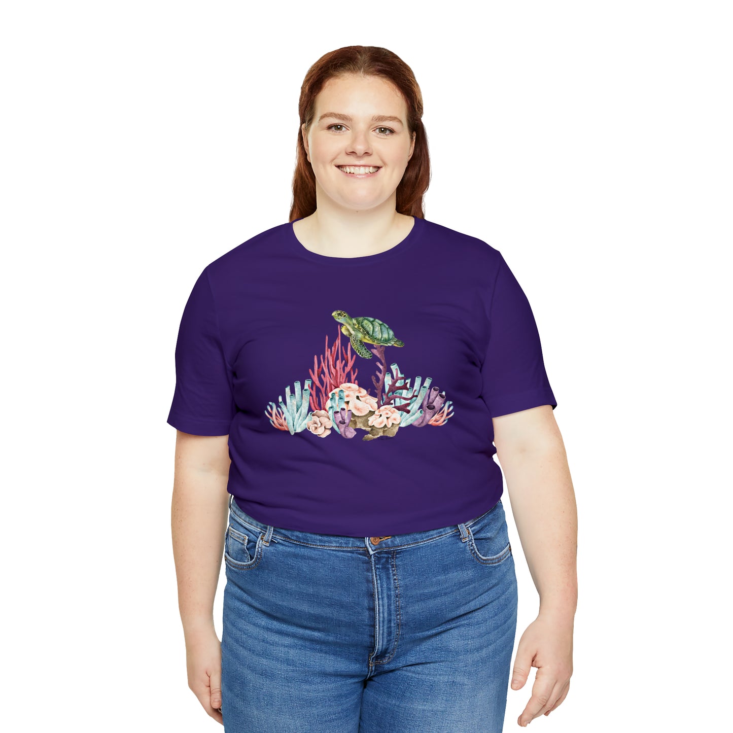 Mock up of a plus-size woman wearing the purple shirt