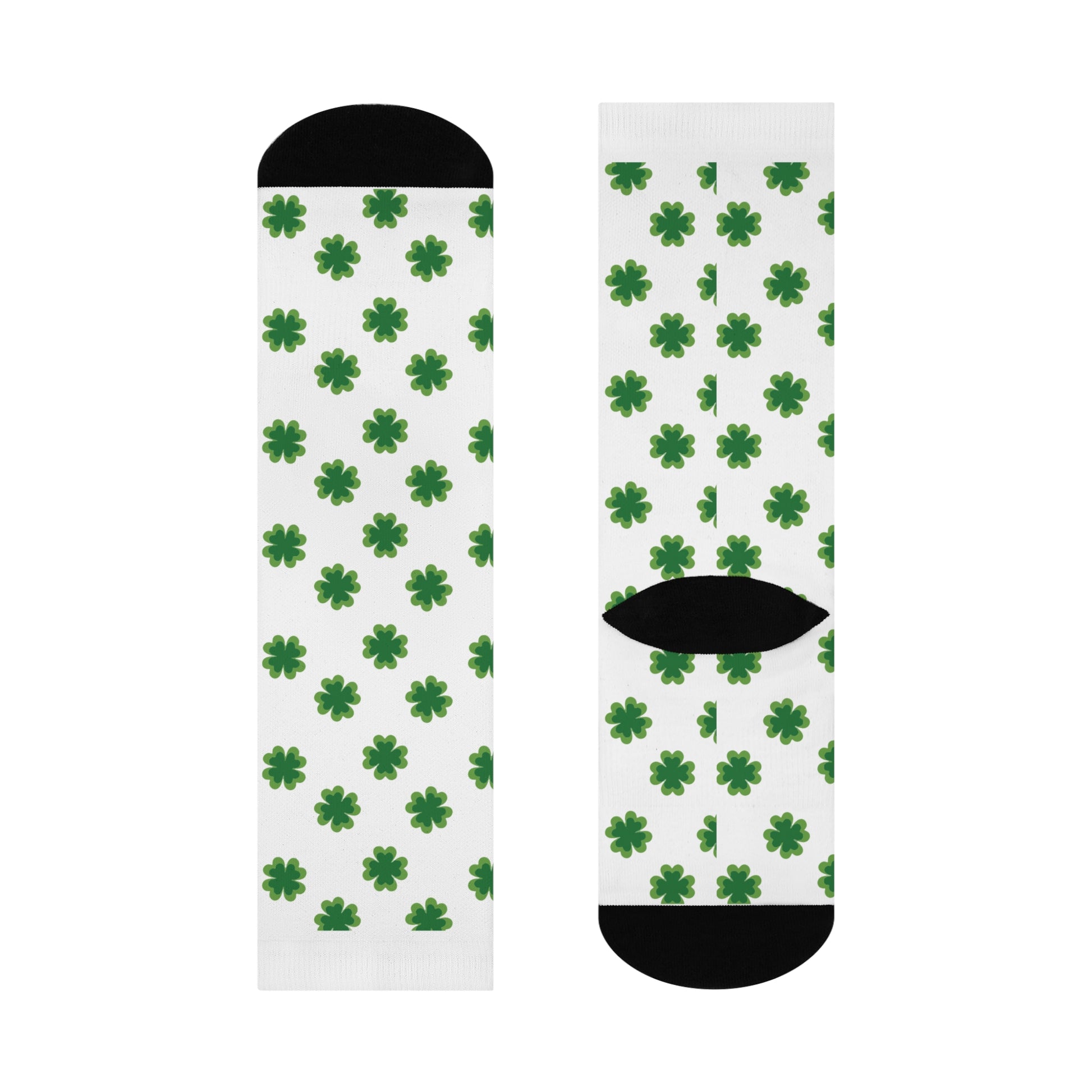 Printify’s Shamrock-Pattern Cushioned Crew-Socks for men and women feature green four-leaf clovers on white with black toes, heels, and cuffs—perfect festive socks for St. Patrick’s Day or bringing luck to your daily outfit.