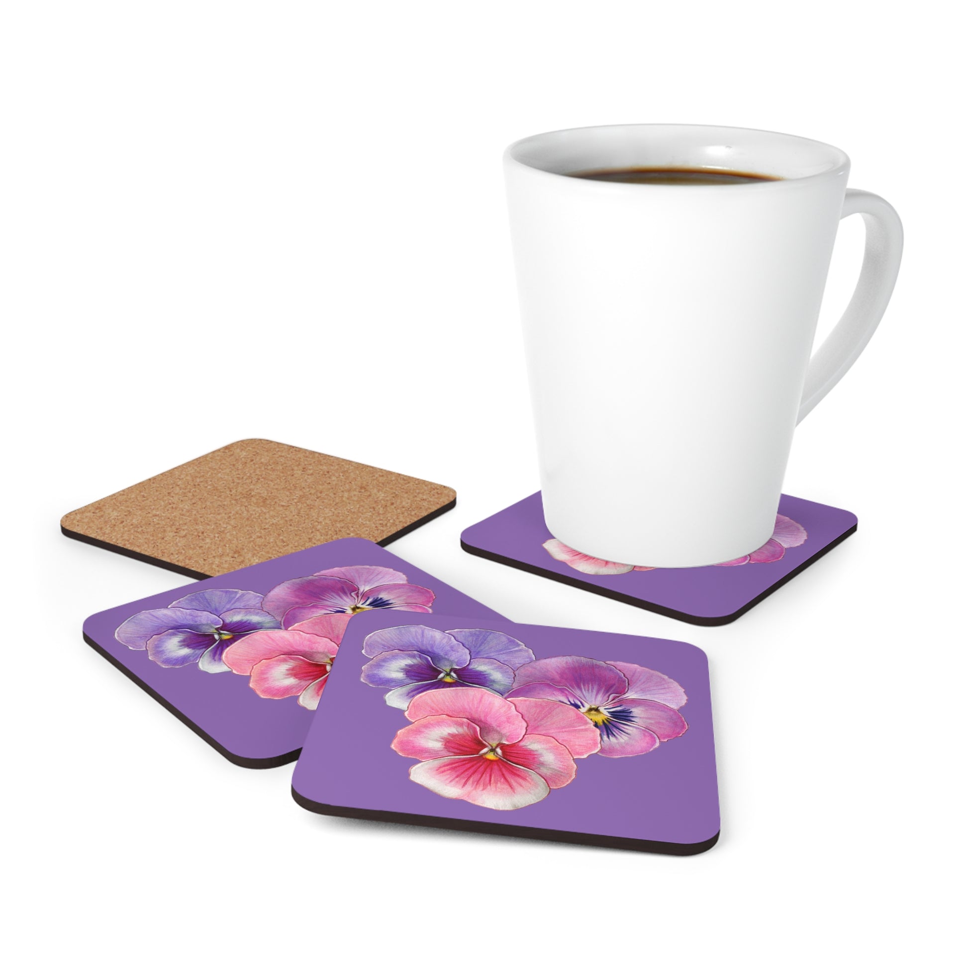 Mock up of a white Latte mug with the 4 coasters