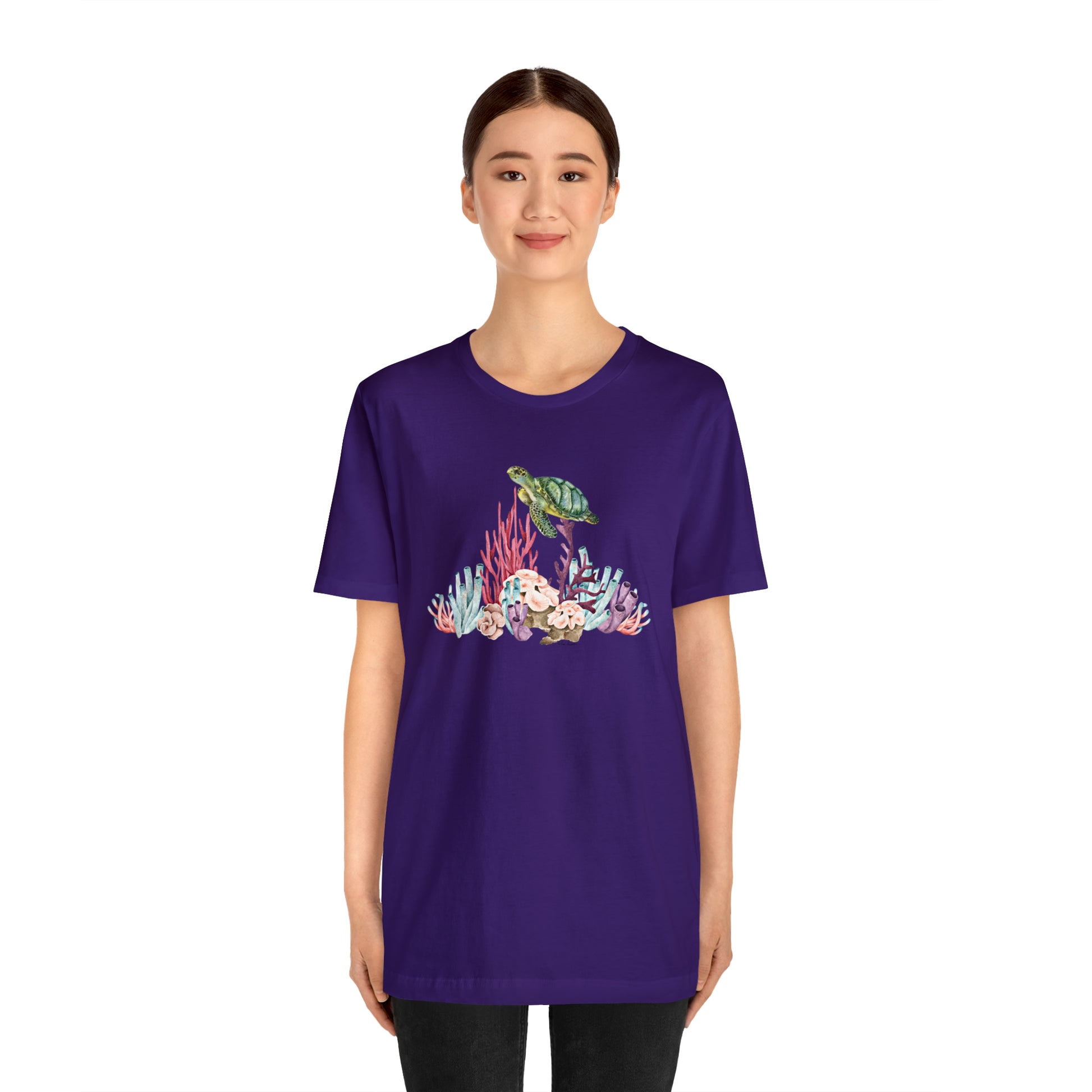 Petite woman wearing the purple shirt