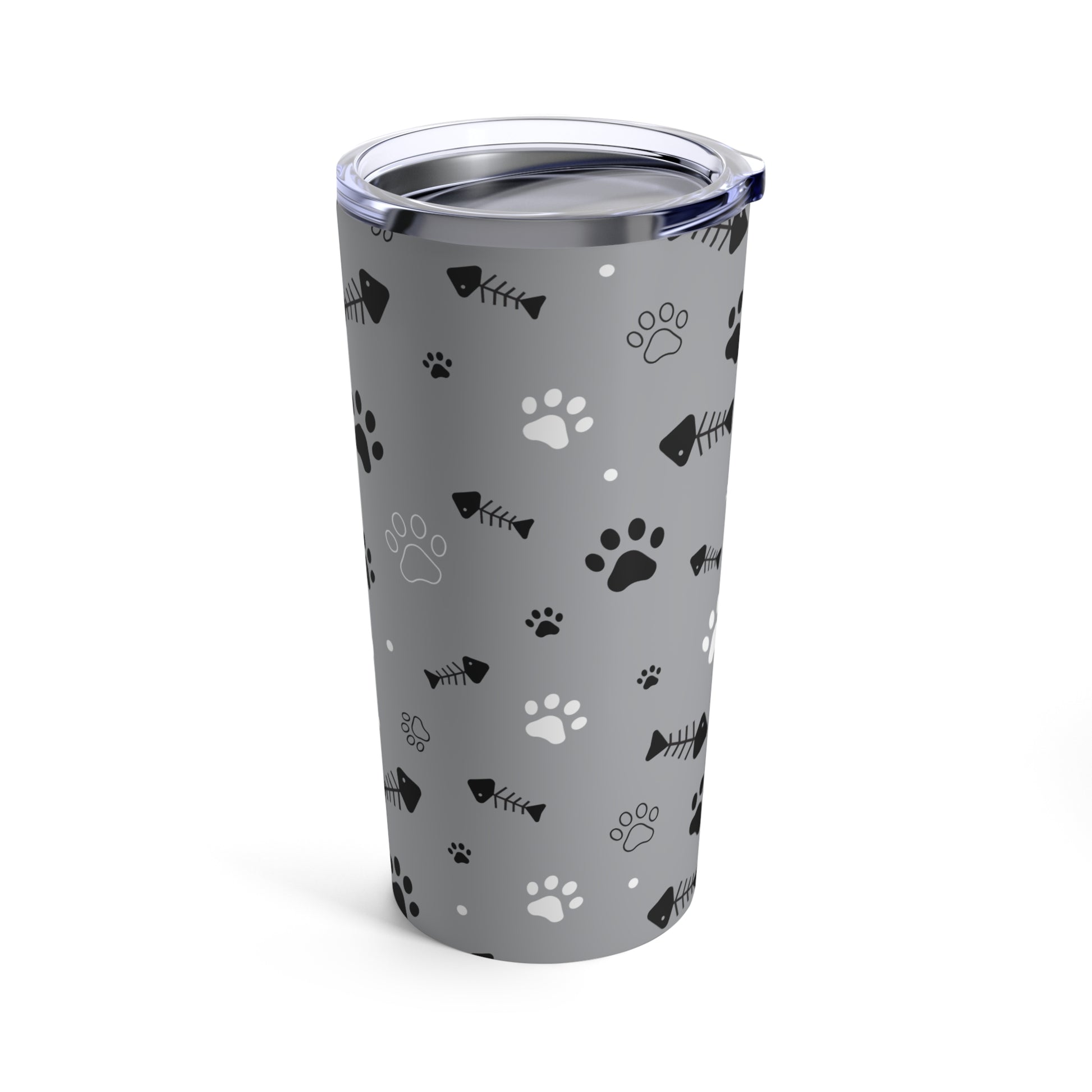 A grey stainless steel Cat Lover Tumbler with black and white designs by Printify.