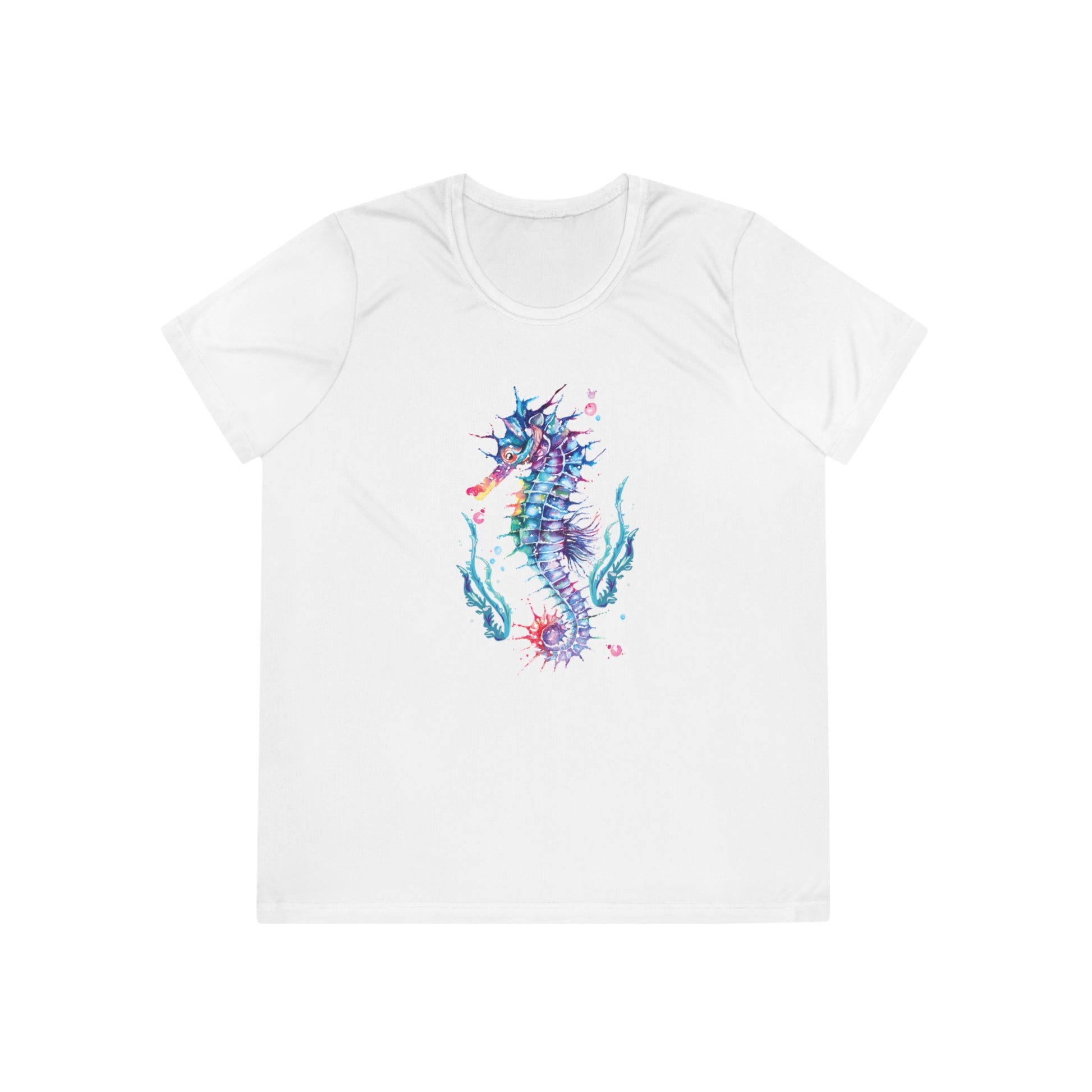 White Printify moisture-wicking Ladies T-shirt: Seashorse featuring a colorful, abstract seahorse design at the center, Sport Tek 350.