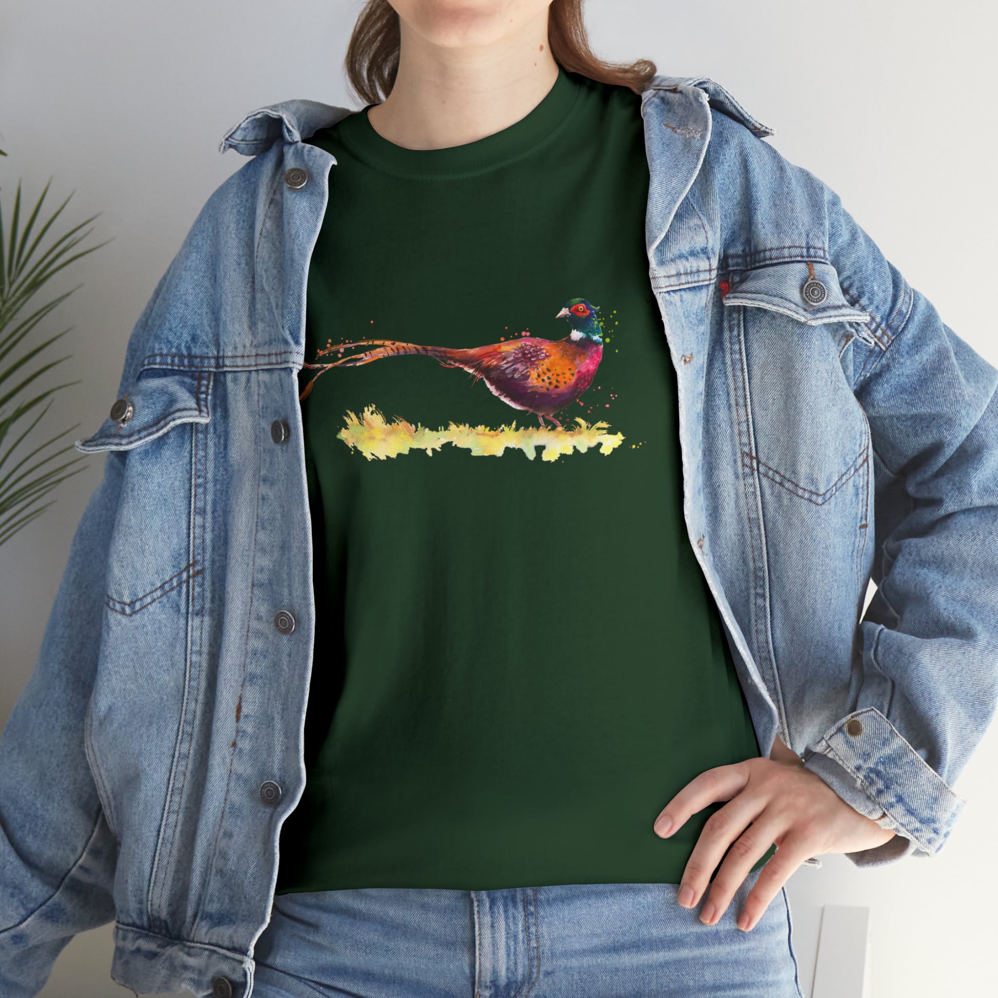 Mock up of a woman wearing the Forest Green shirt under a denim jacket