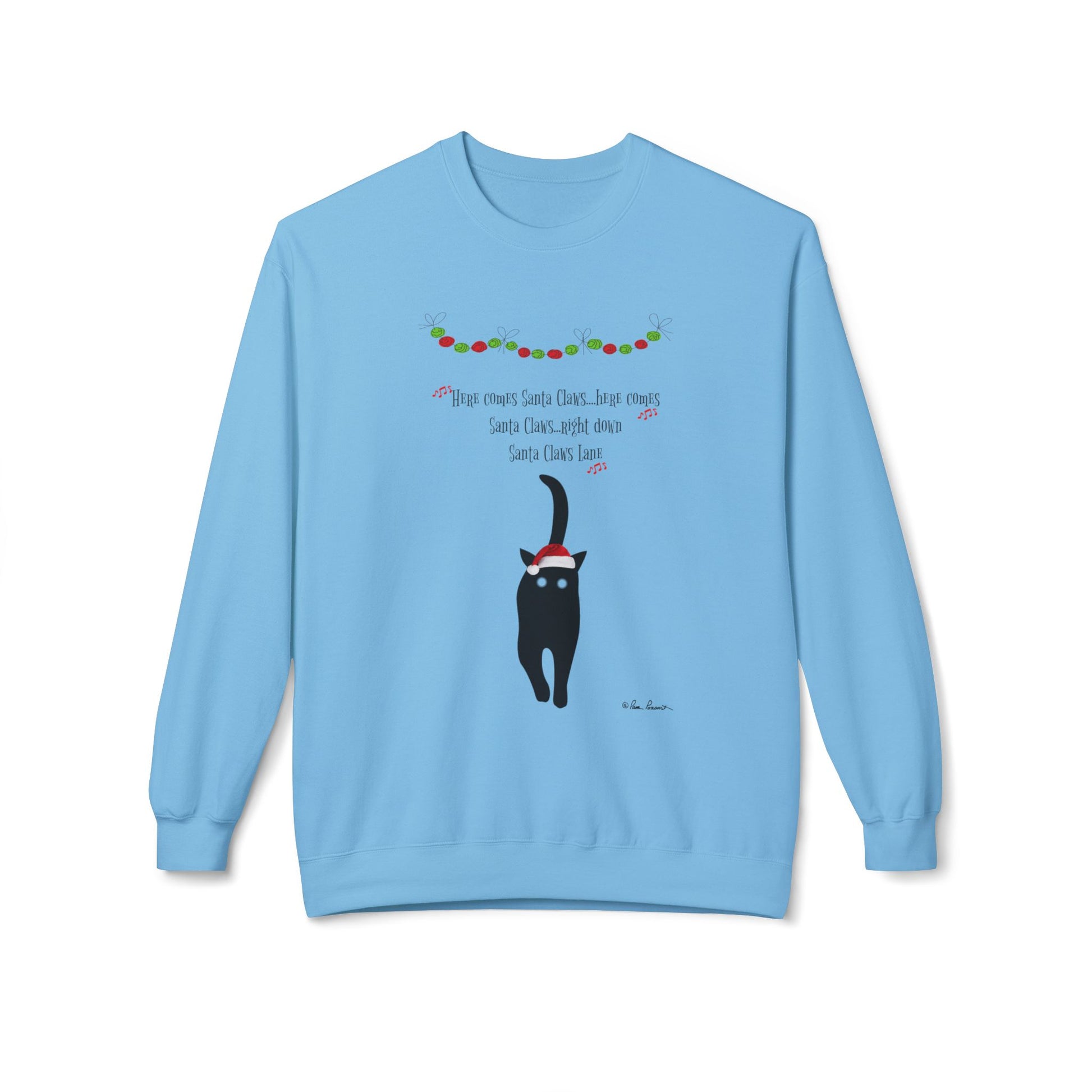 The Holiday Cat Crewneck Sweatshirt by Printify is a light blue unisex pullover featuring a playful black cat in a red Santa hat with festive lights—perfect for cozy holiday wear and cat lovers.