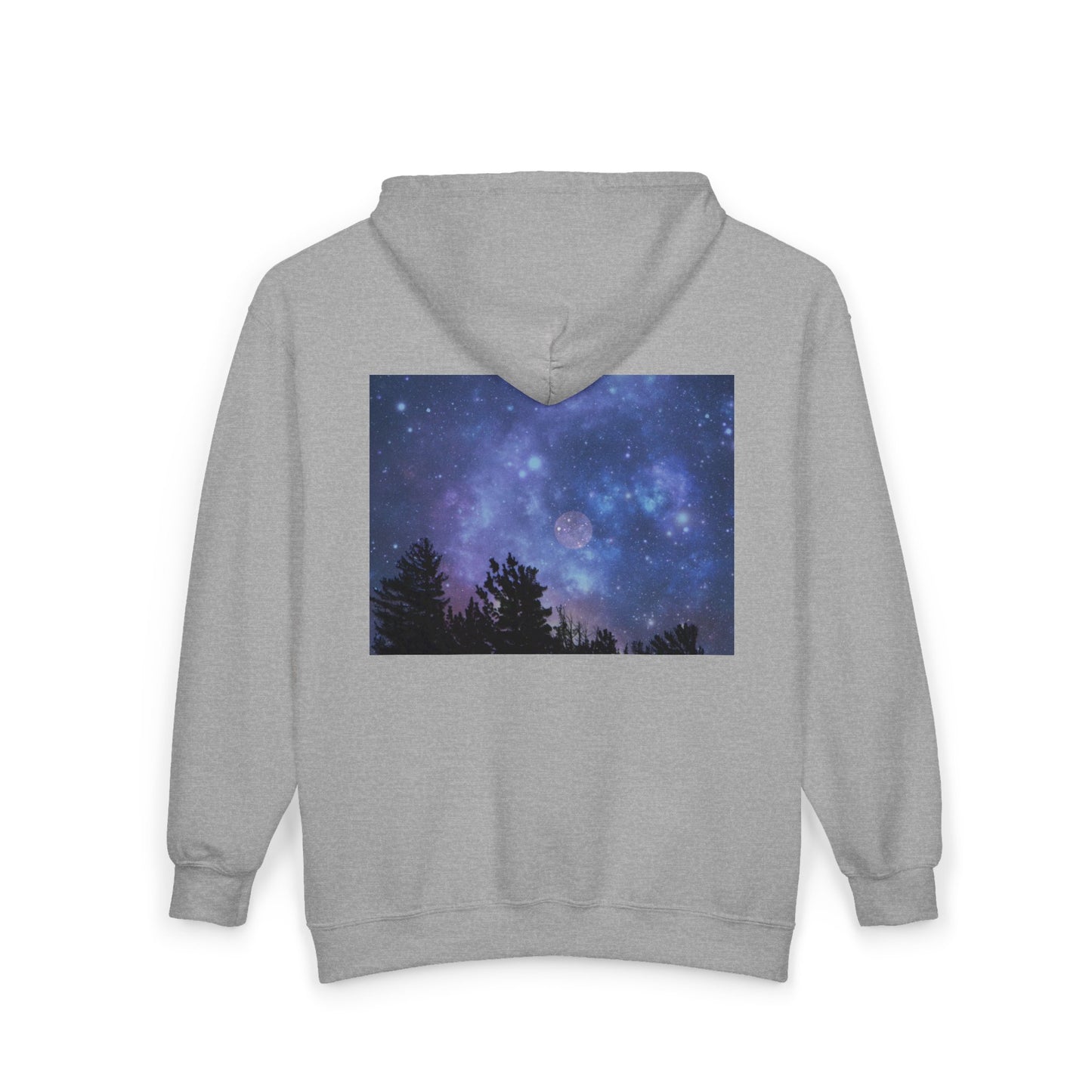 The Galaxy Night-Sky Zip Hoodie by Printify features a cozy unisex fit and a back print of a moonlit sky with stars and tree silhouettes—ideal for fans of classic starry forest hoodies.