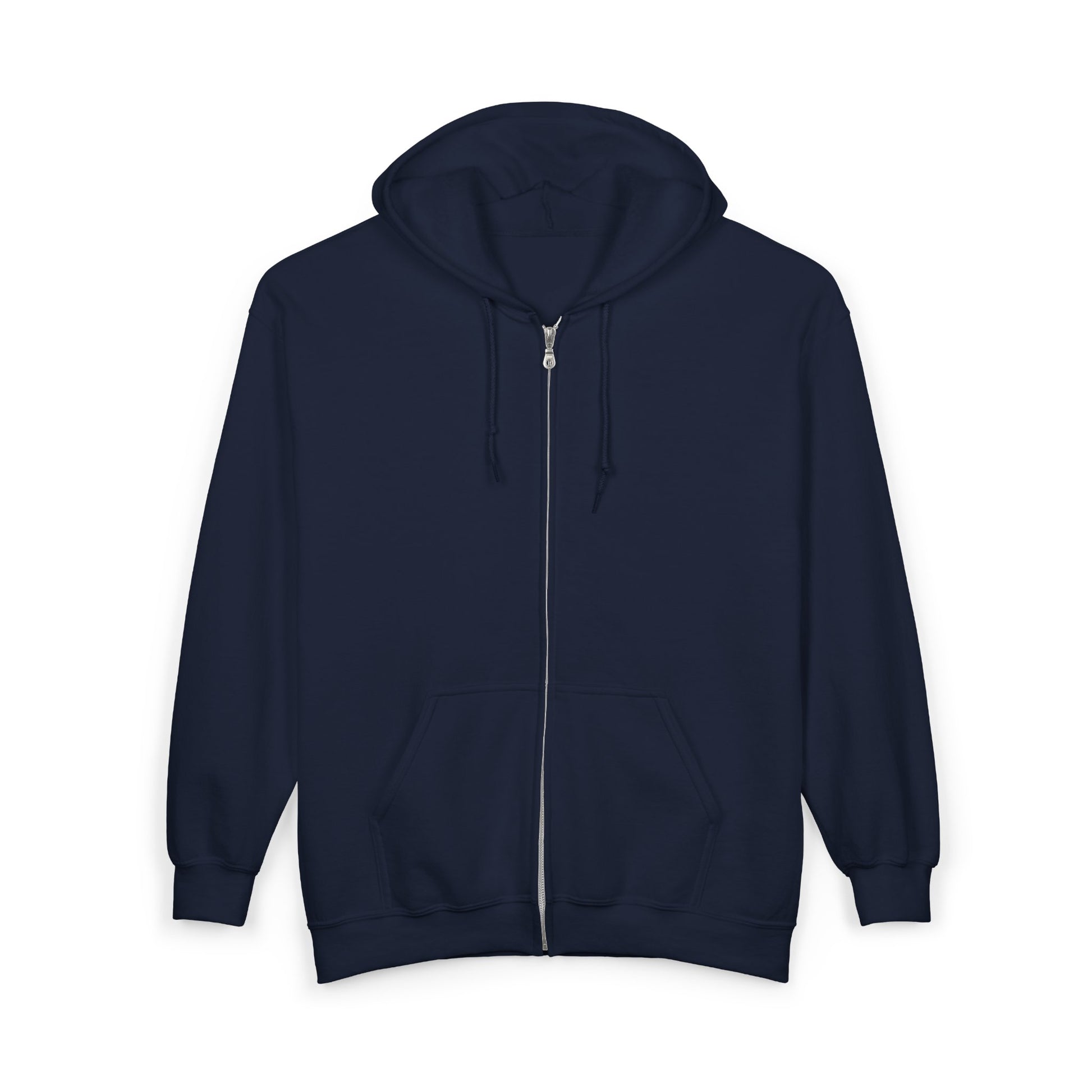 The Printify Galaxy Night-Sky Zip Hoodie—unisex with a back print—features a cozy navy blue design, drawstring hood, front zipper, and two pockets; shown here against a white background.