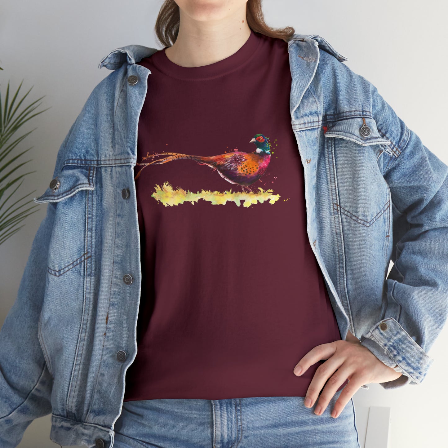 Mock up of a woman wearing the Maroon shirt under a denim jacket