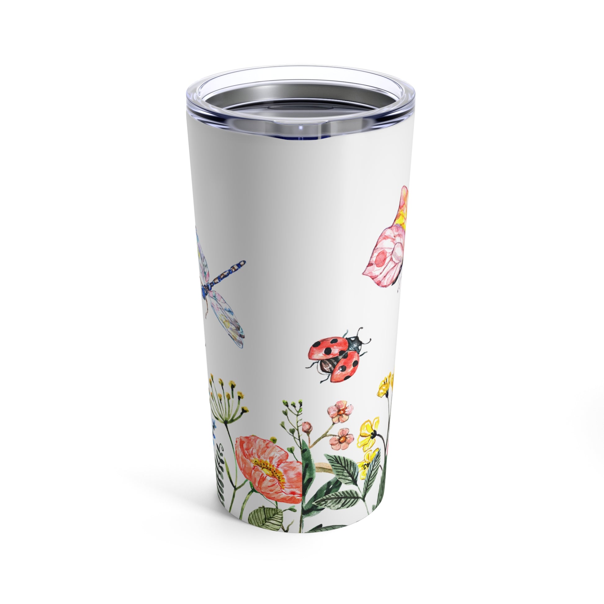 A dishwasher-safe, white stainless steel Printify Nature's Garden Tumbler: 20 oz.; Insulated with flowers and butterflies on it.