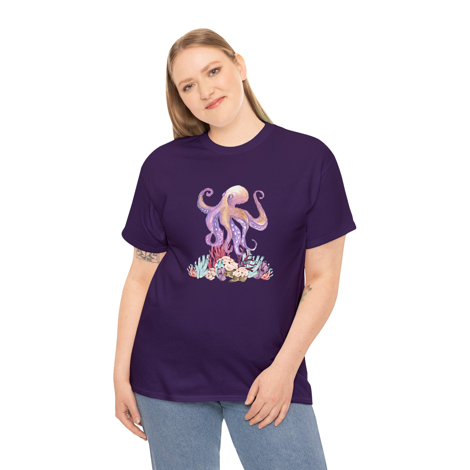 Mock up of a tall woman wearing the Purple shirt