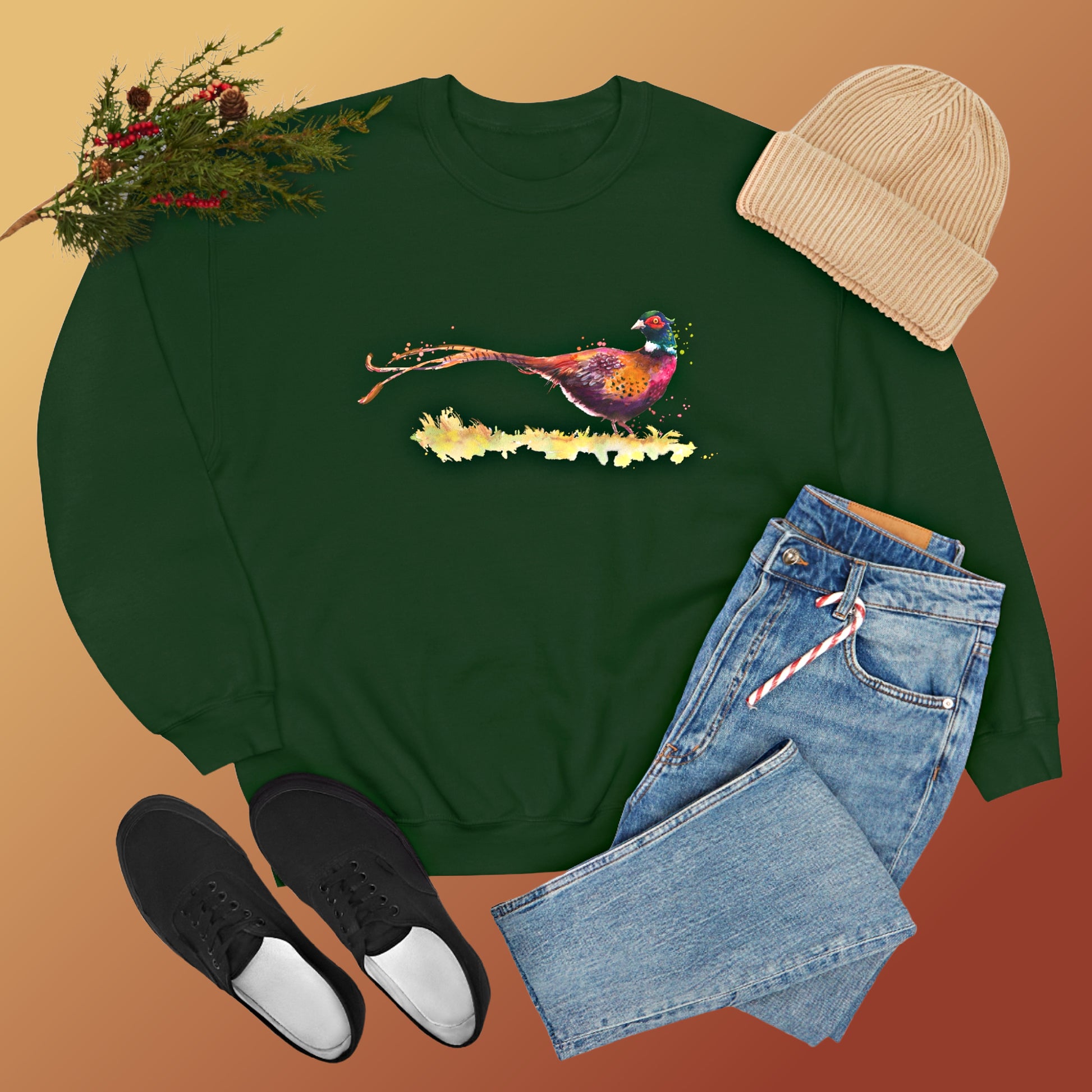 An arrangement of apparel featuring the Forest Green sweatshirr