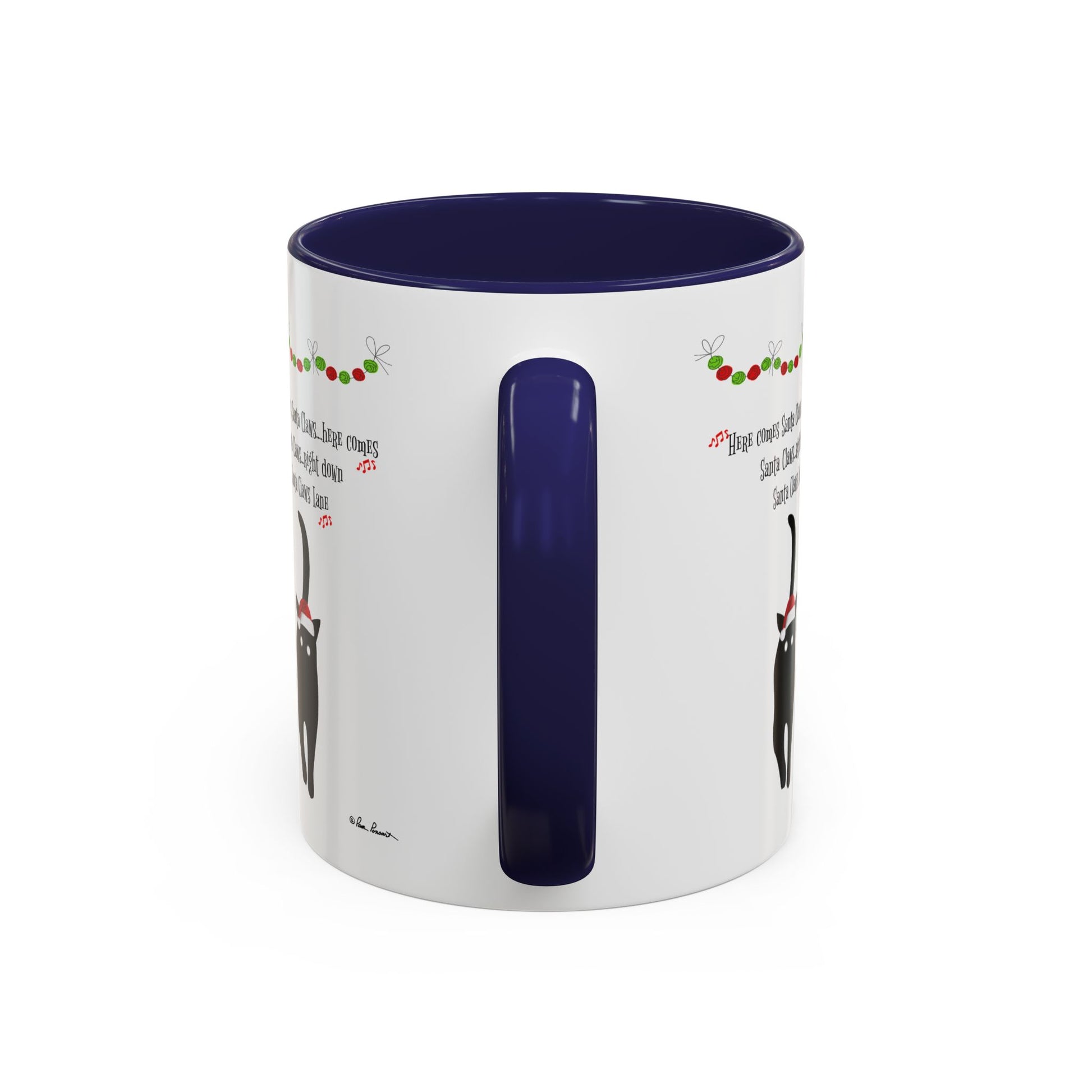 The Printify Festive-Cat Accent Coffee Mug features a black cat in a scarf with festive accents, dark blue handle and interior—an ideal holiday gift for cat lovers or a cheerful mug to brighten your coffee routine.