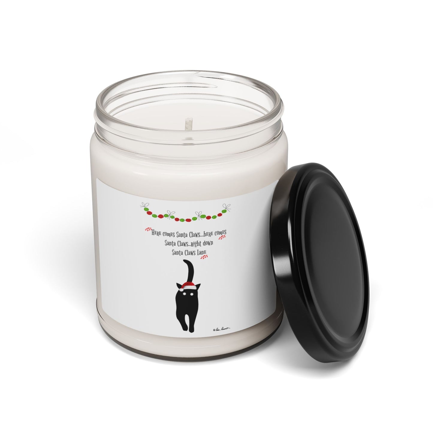 The 9oz Festive-Cat Scented Soy Candle by Printify features a white jar with black lid, a label of a black cat in a Santa hat, and festive graphics. Made from non-toxic soy wax, it’s an eco-friendly way to add holiday cheer to your home decor.