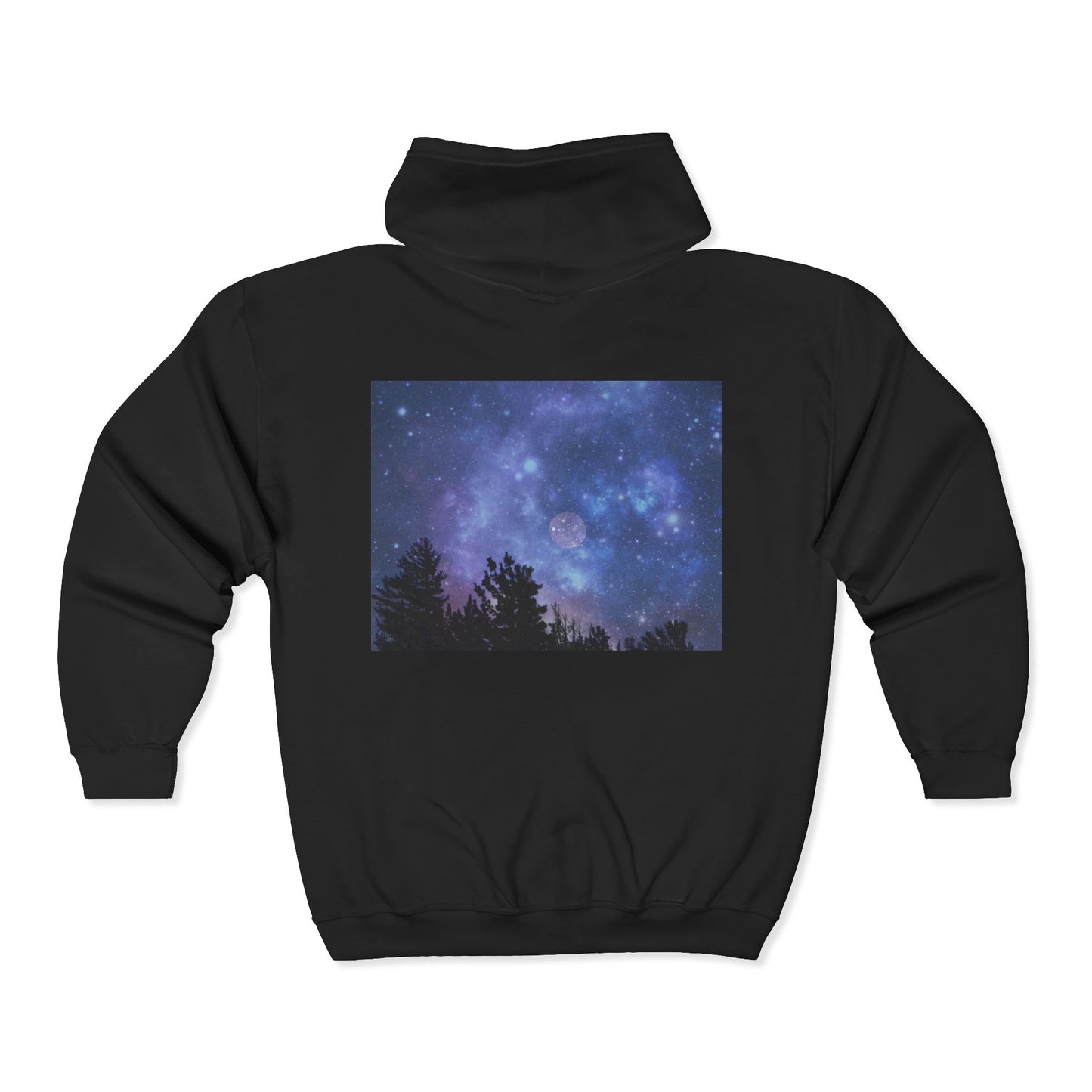 The Printify Galaxy Night-Sky Zip Hoodie is a cozy unisex zip-up with a back print of stars, a full moon, and tree silhouettes—ideal for fans of starry forest hoodie style.