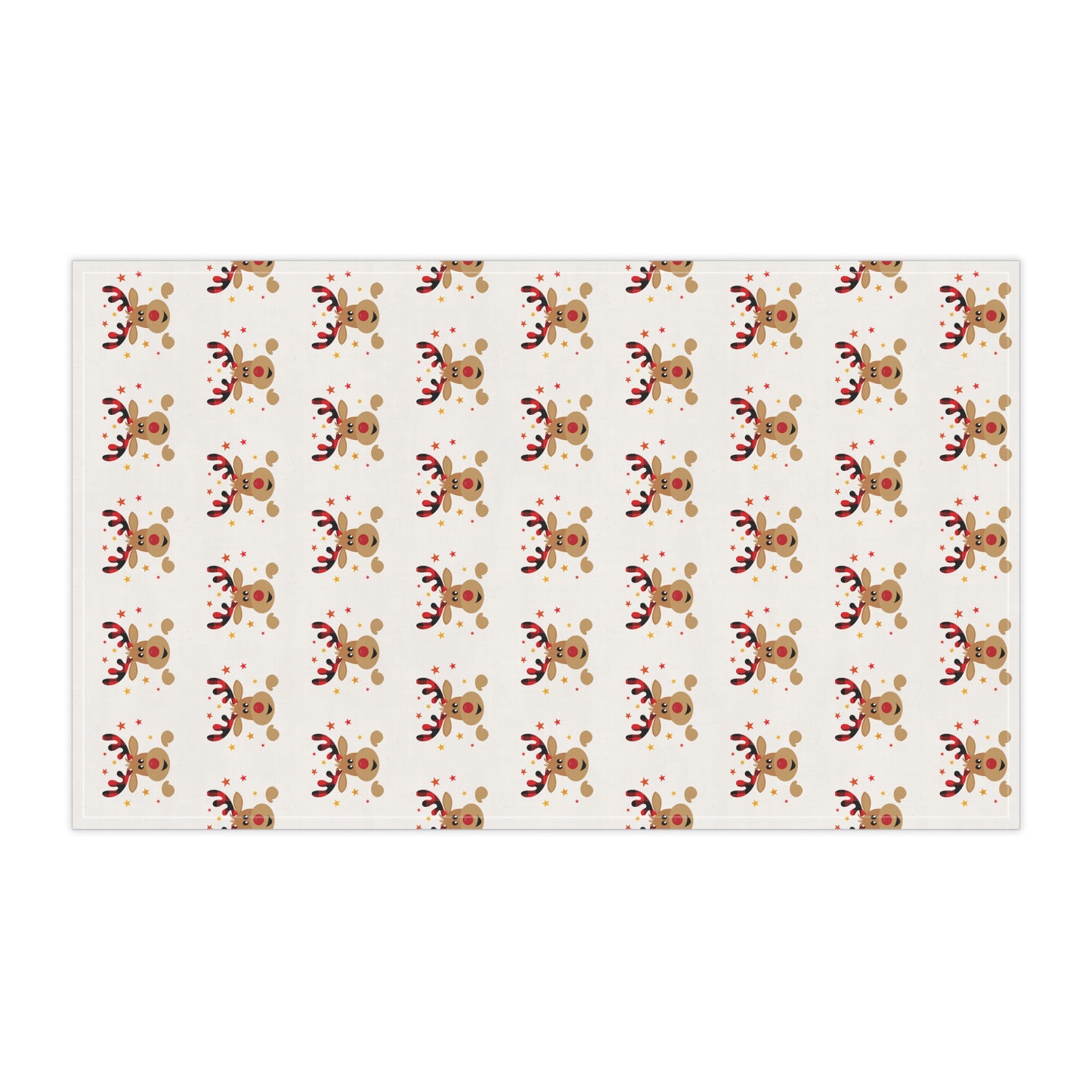 Festive Reindeer Tea Towels by Printify feature a repeating design of stylized reindeer with antlers and red noses on a white background, ideal for adding holiday charm to any kitchen or dining area.