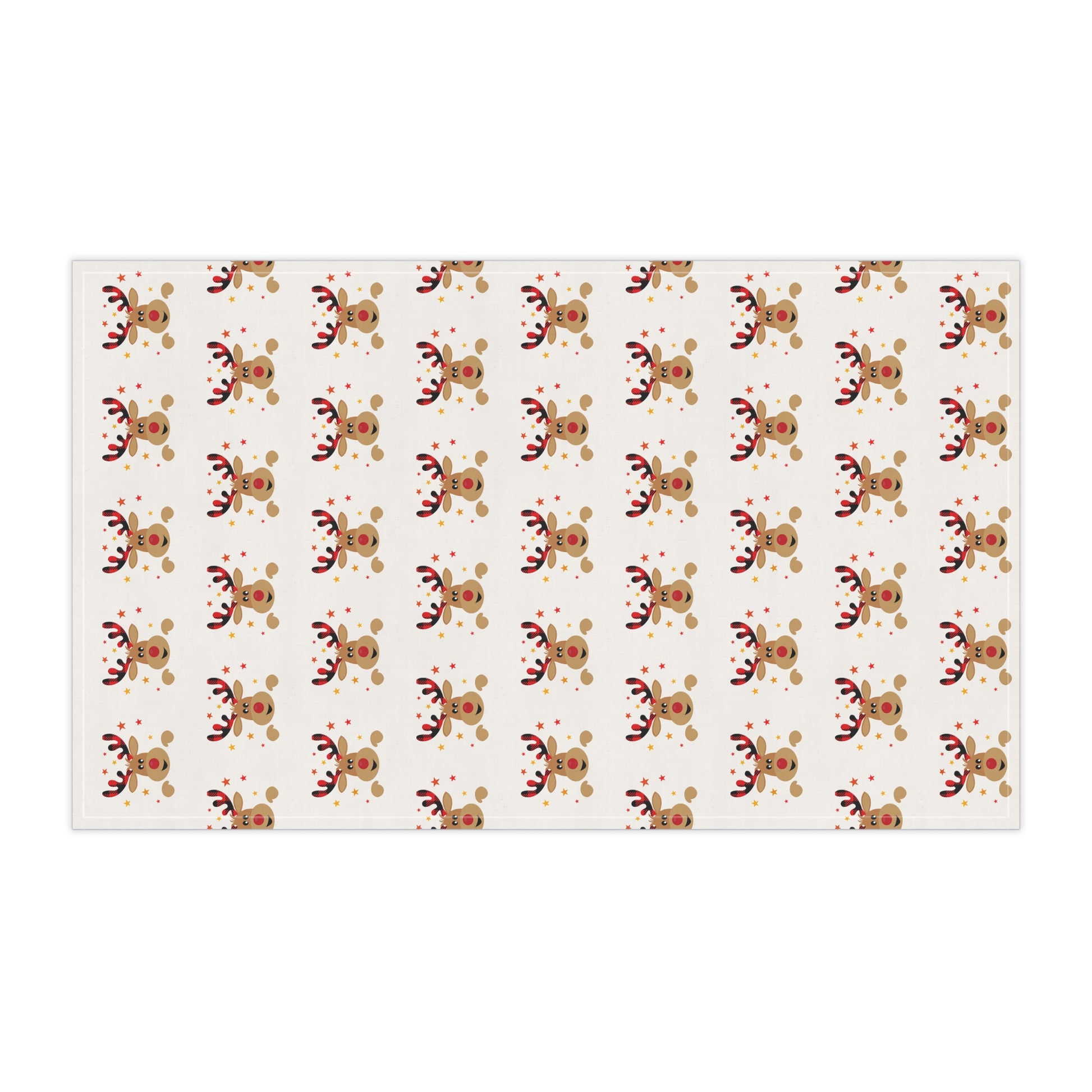 Festive Reindeer Tea Towels by Printify feature a repeating design of stylized reindeer with antlers and red noses on a white background, ideal for adding holiday charm to any kitchen or dining area.