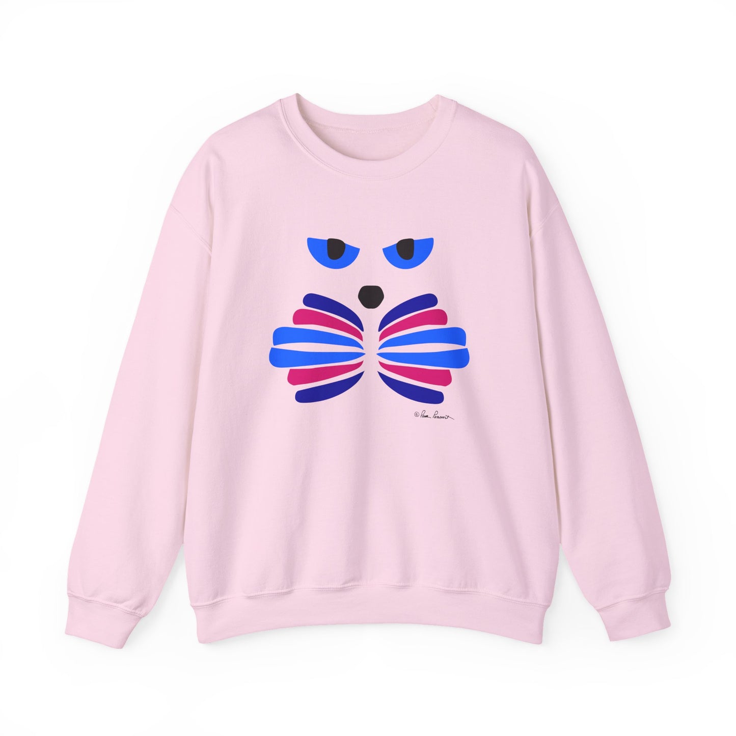 Printify’s Whimsical Cat Graphic Sweatshirt is a unisex crewneck featuring an artistic pink cat design with blue eyes and abstract blue and pink accents.