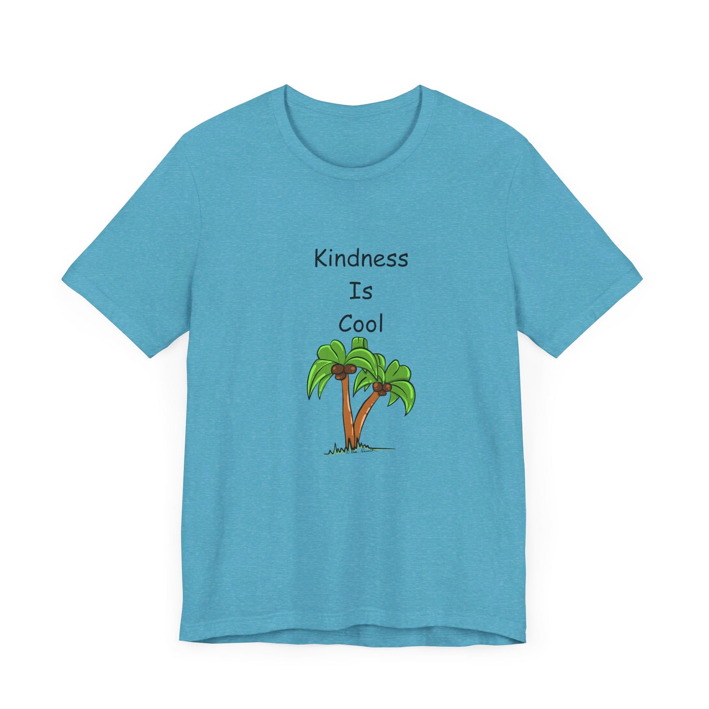 The Unisex Kindness-Is-Cool T-shirt from Printify, crafted from soft cotton jersey by Bella+Canvas, is light blue and features a graphic of two palm trees with the text "Kindness-Is-Cool" printed above the image.