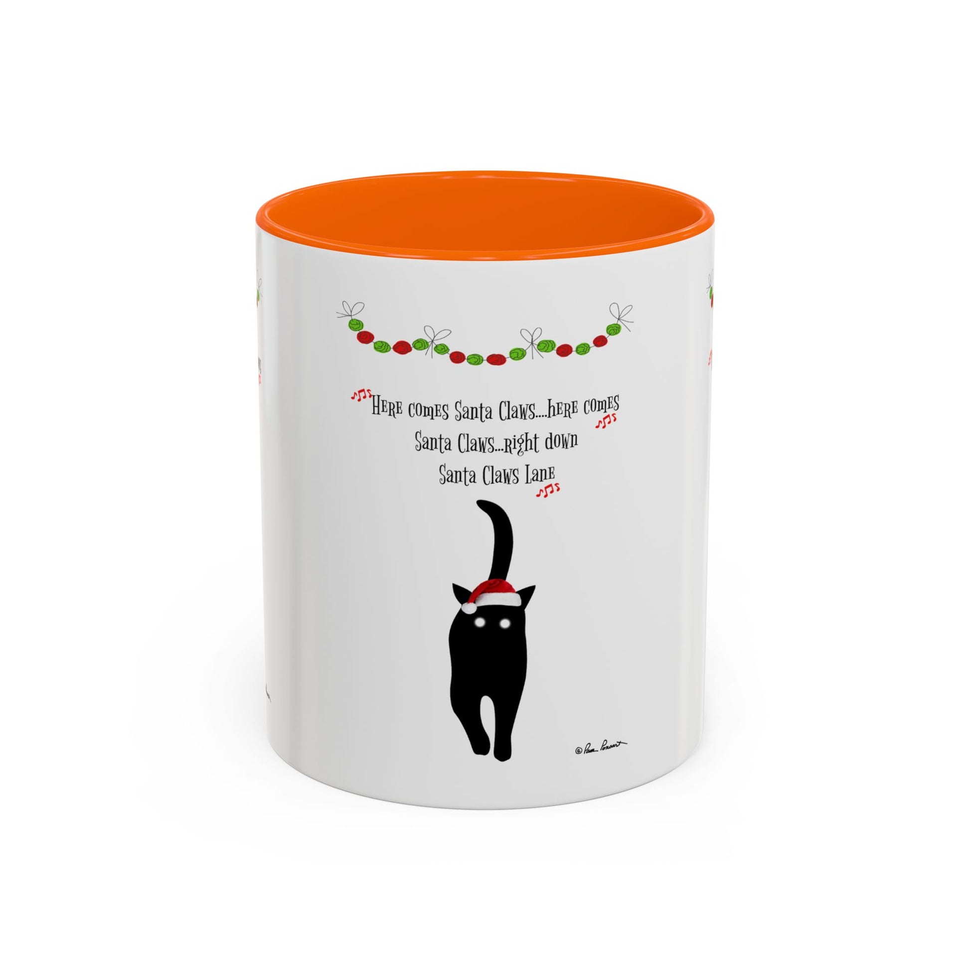 The Printify Festive-Cat Accent Coffee Mug: Holiday Gift for Cat-Lovers features a black cat in a Santa hat with holiday garland and playful text—ideal as a festive coffee mug or gift for cat lovers.