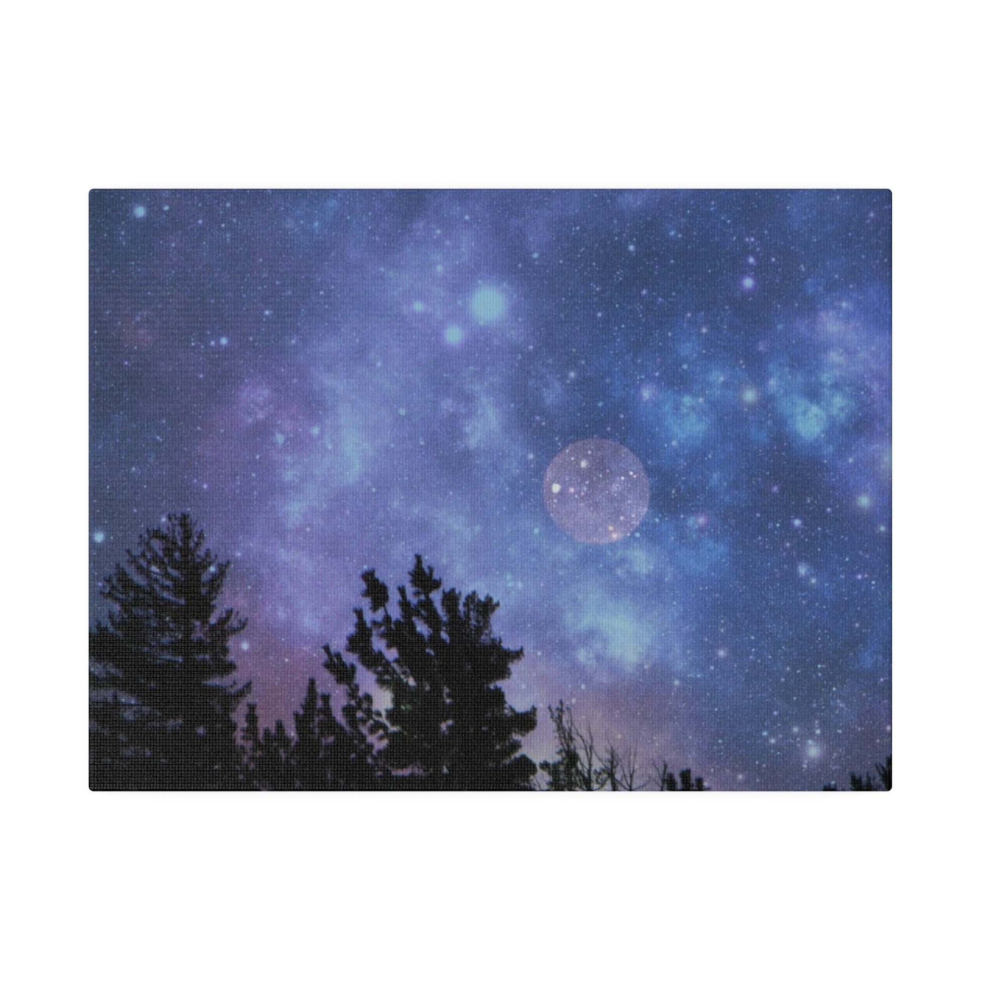 Star-filled night sky with visible milky way and a silhouette of pine trees in the foreground, encased in a radial pine frame sourced from renewable forests, printed on a Blue-Moon Matte Canvas by Printify.