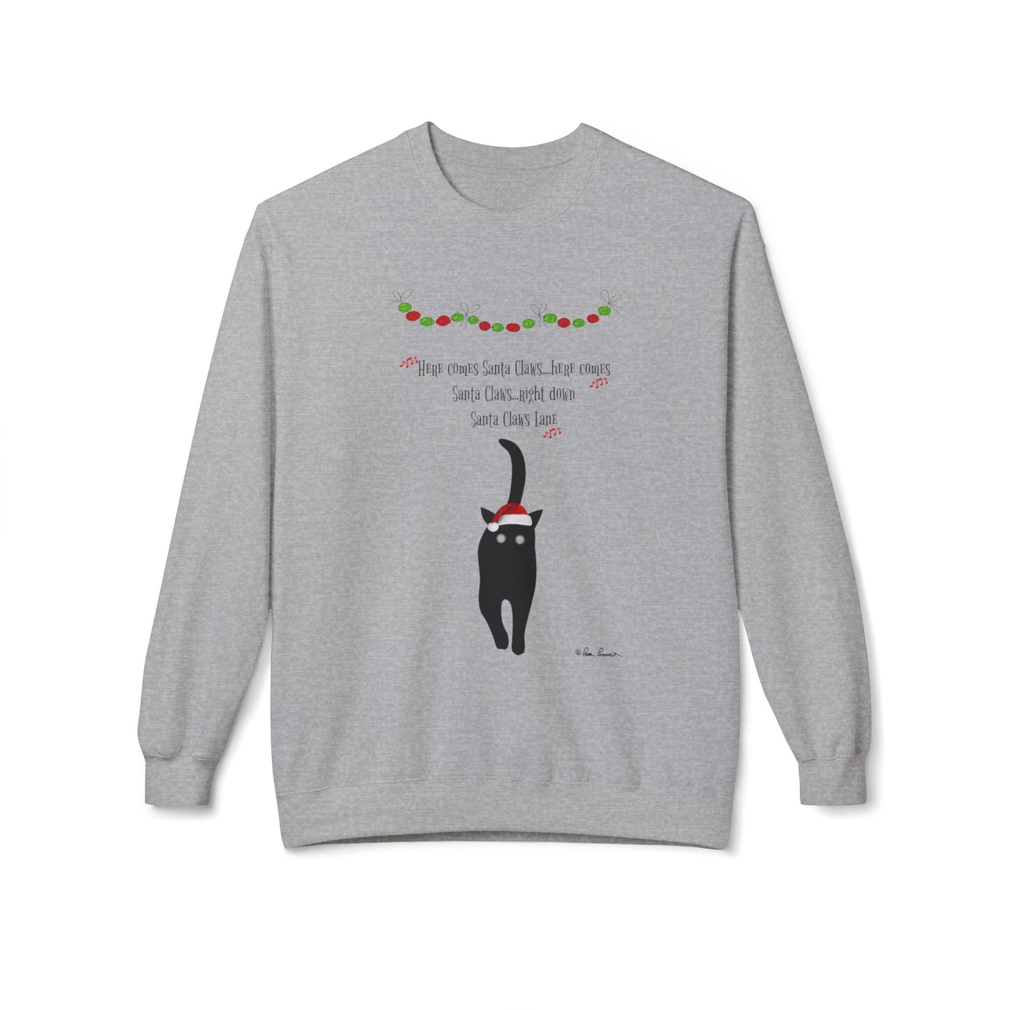 The Printify Holiday Cat Crewneck Sweatshirt features a playful black cat in a Santa hat, festive garland, and "Here Comes Santa Claws" text—perfect for cat lovers seeking a cozy, unisex, and festive pullover.