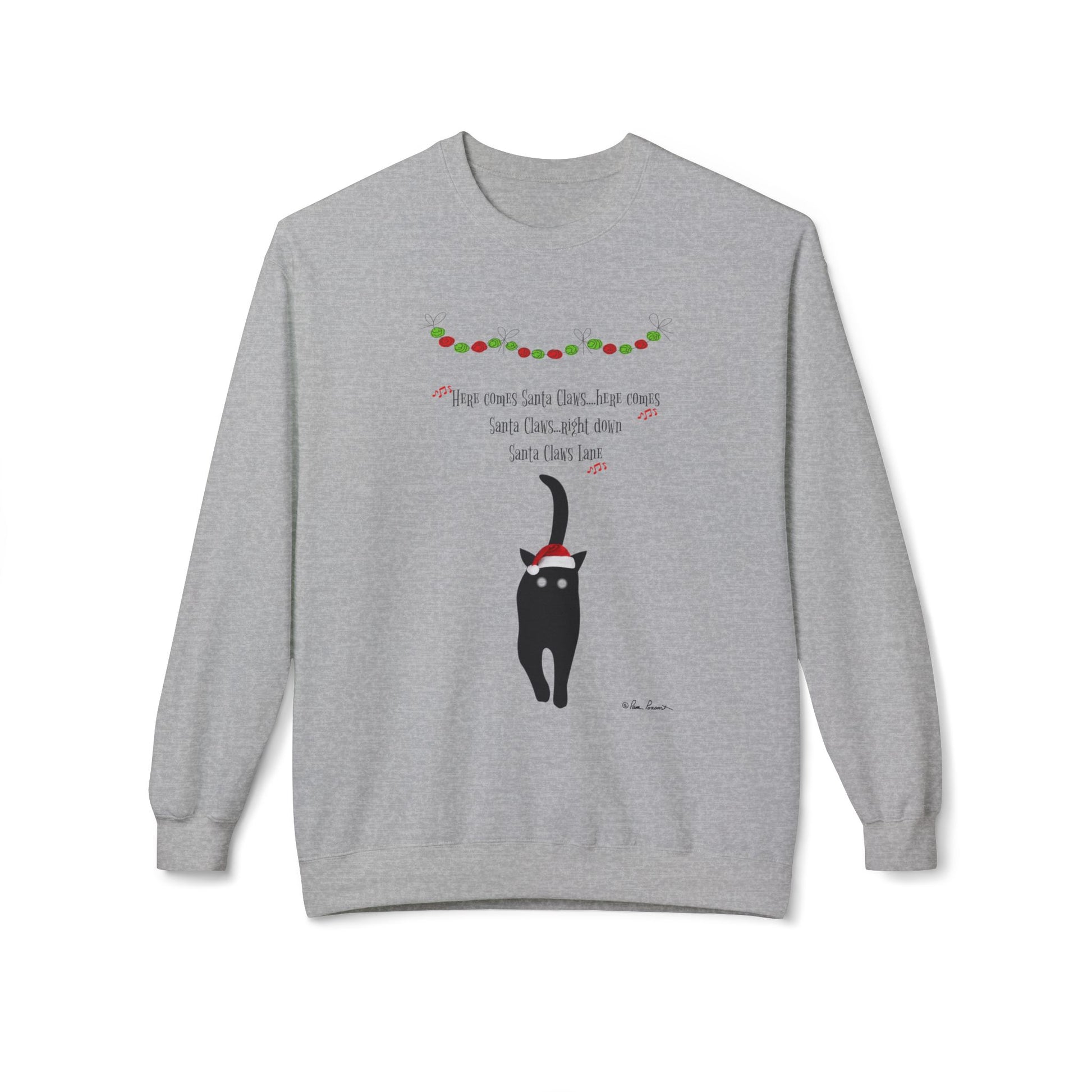 The Printify Holiday Cat Crewneck Sweatshirt features a playful black cat in a Santa hat, festive garland, and "Here Comes Santa Claws" text—perfect for cat lovers seeking a cozy, unisex, and festive pullover.