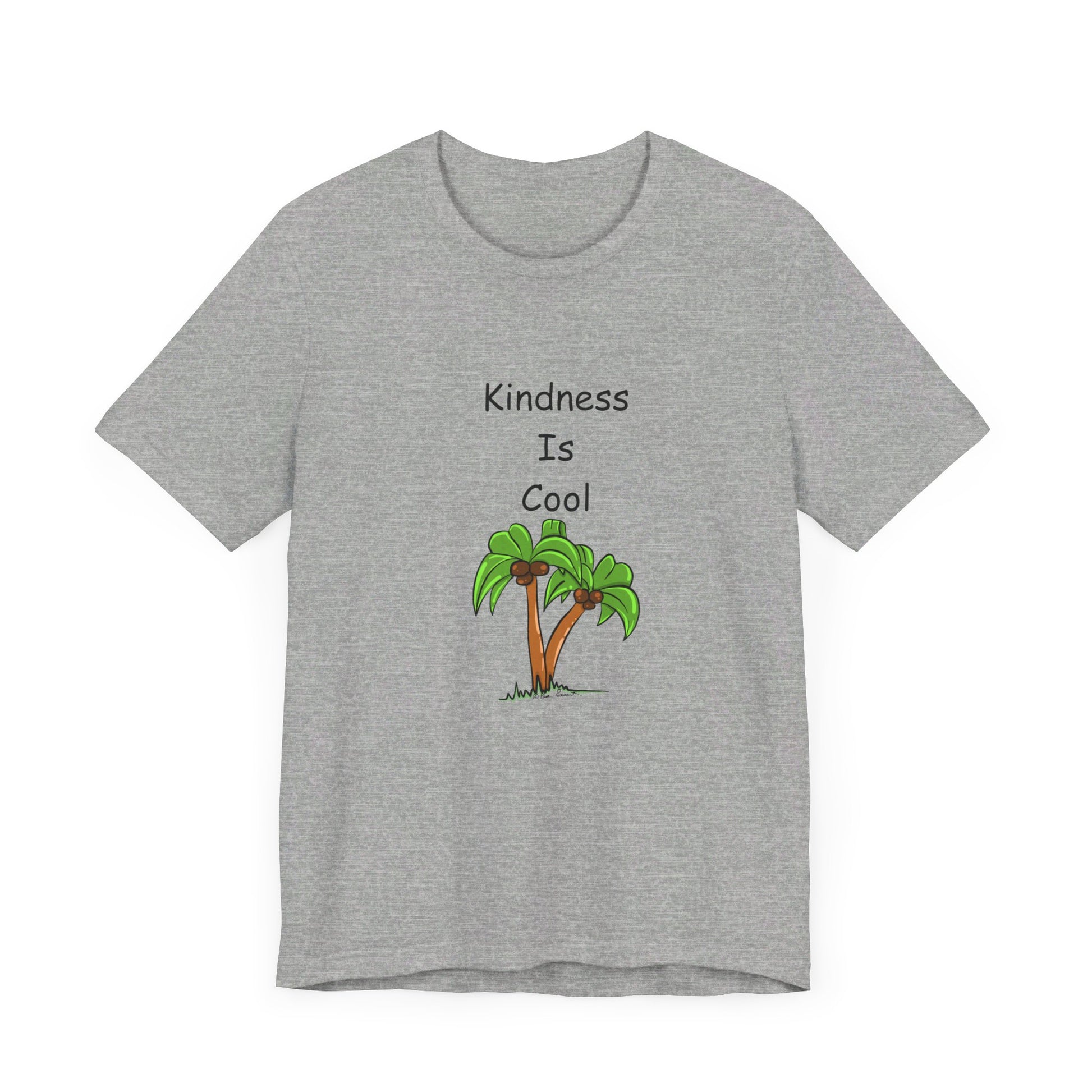 A Bella+Canvas unisex t-shirt from Printify features a soft cotton jersey fabric, with a gray background, an illustration of two palm trees, and the text "Kindness-Is-Cool" printed above them.