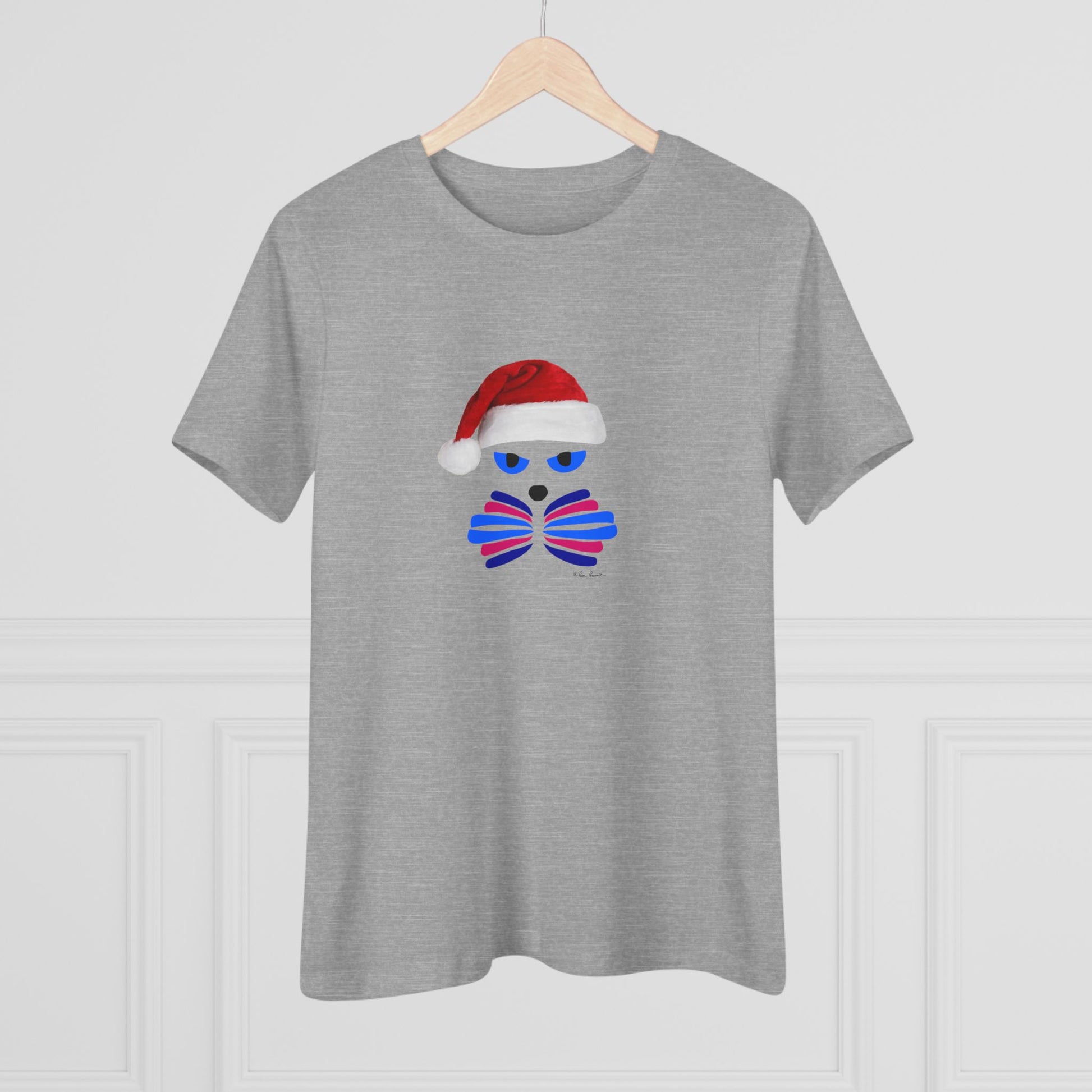 The Printify Festive Women's Santa-Cat T-shirt is a cute cotton tee, available in 2 colors, featuring a playful holiday cat design—perfect festive flair for the season.