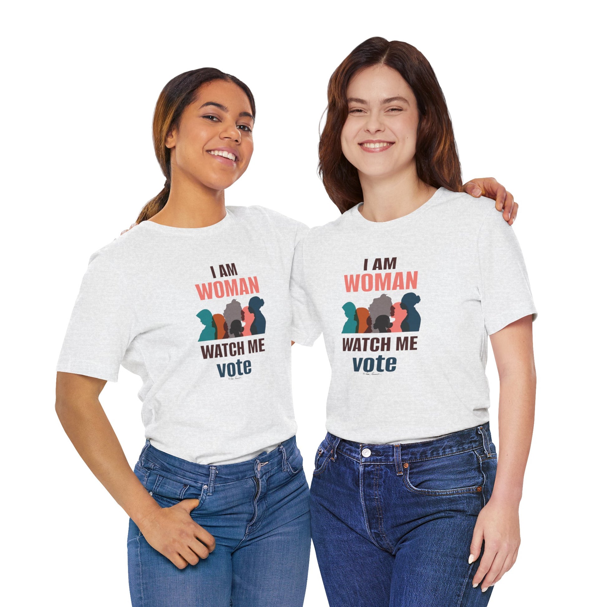 Two women smiling, wearing white Printify Bella + Canvas voting women's t-shirts with "i am woman watch me vote" printed on them, standing against a white background.