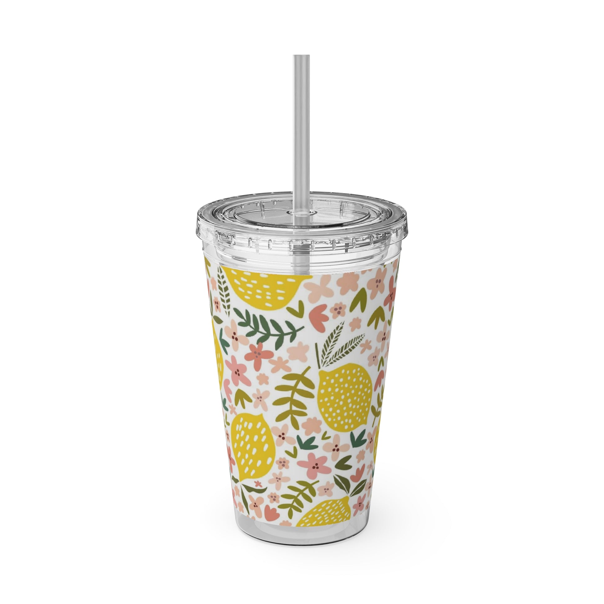 A Printify Pink Lemons Tumbler: 16 oz.; Lid & Straw; Acrylic; BPA-free with a floral pattern and a straw.